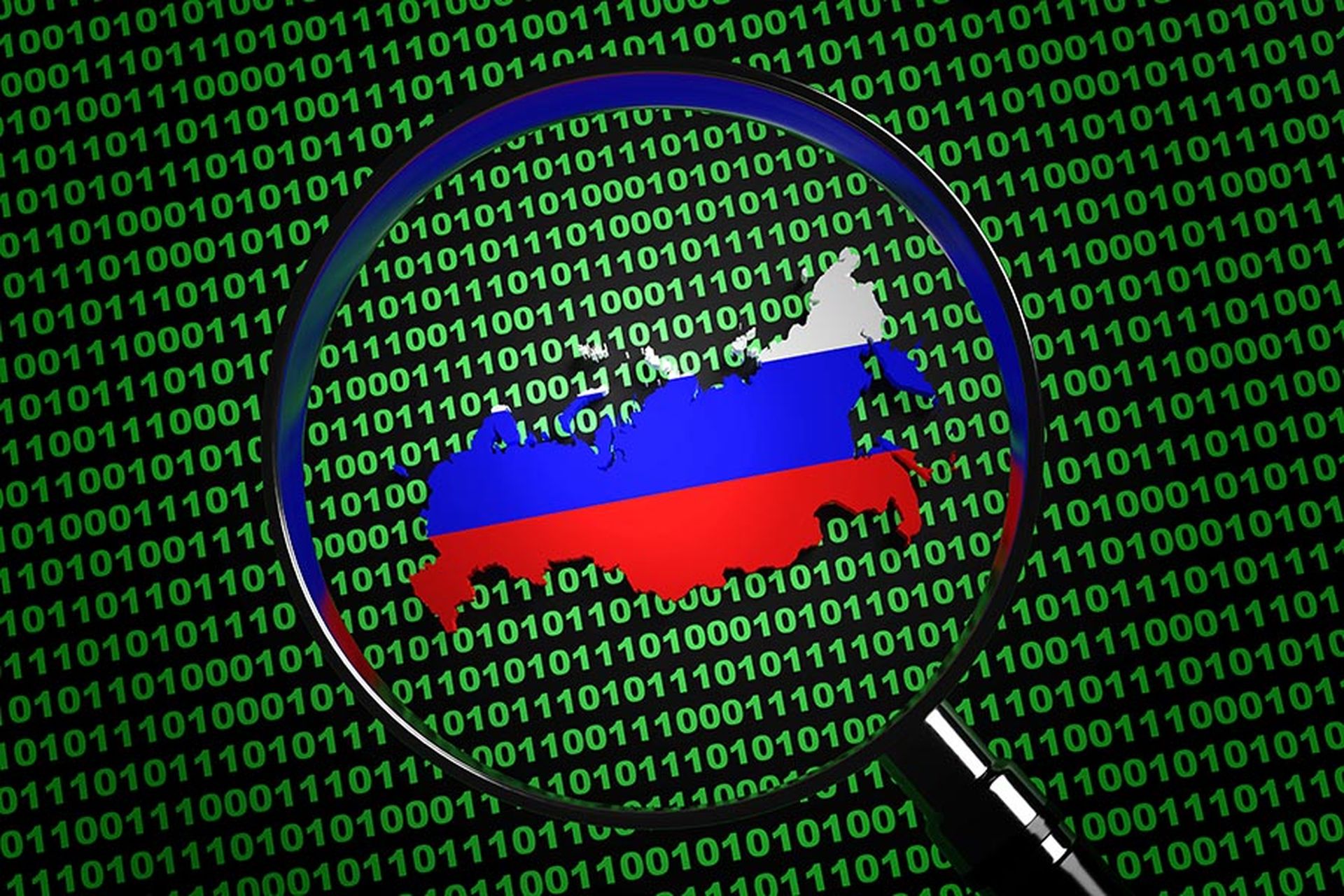 Magnifying glass found the Russia map among computer binary code