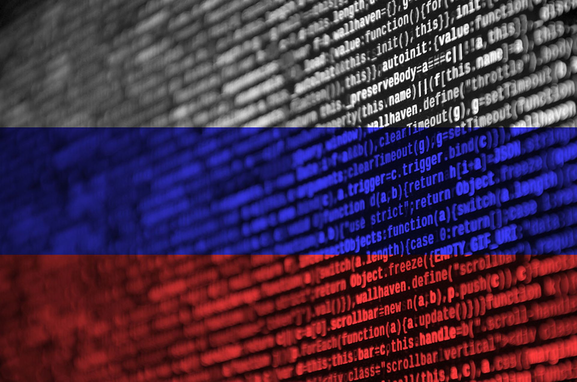 Russia flag is depicted on the screen with the program code. The concept of modern technology and site development.