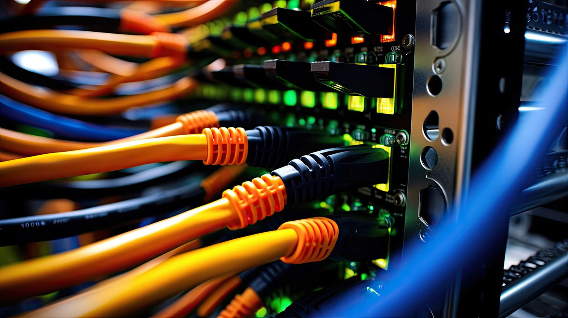 A detailed view of a server rack, intricate network of cables ensuring internet connection