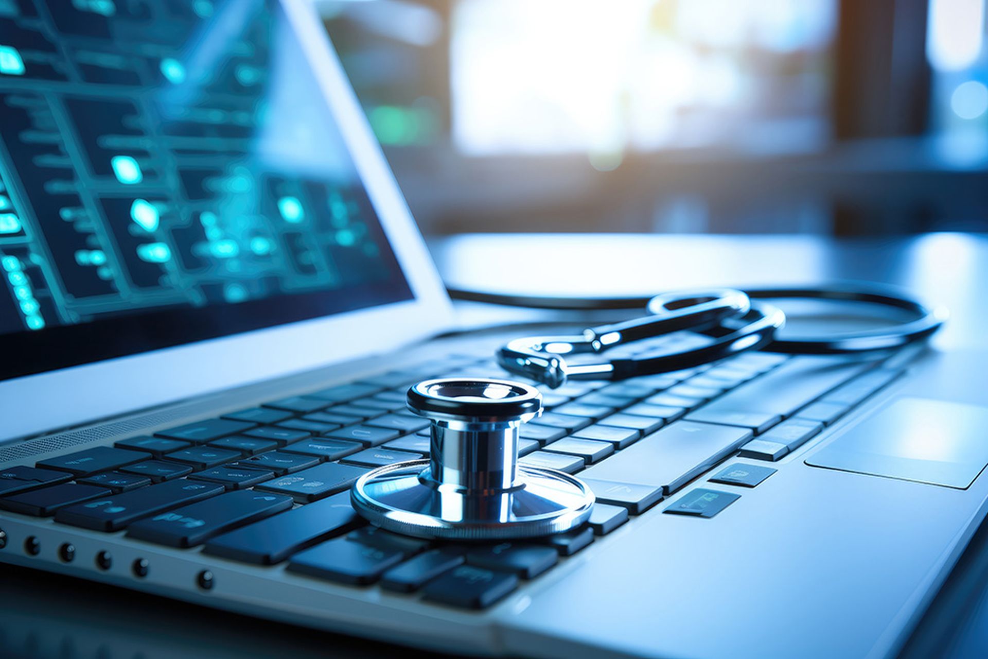 A light blue computer keyboard with a stethoscope placed on it.