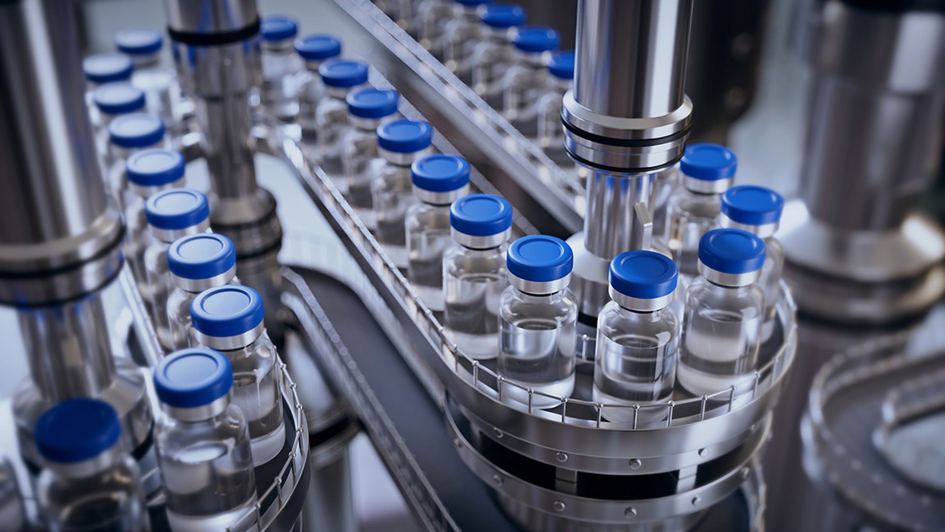 3d render, conveyor with the glass jars, modern pharmaceutical factory. Closeup of ampules are being filled with vaccine and closed with blue caps. Medical wallpaper