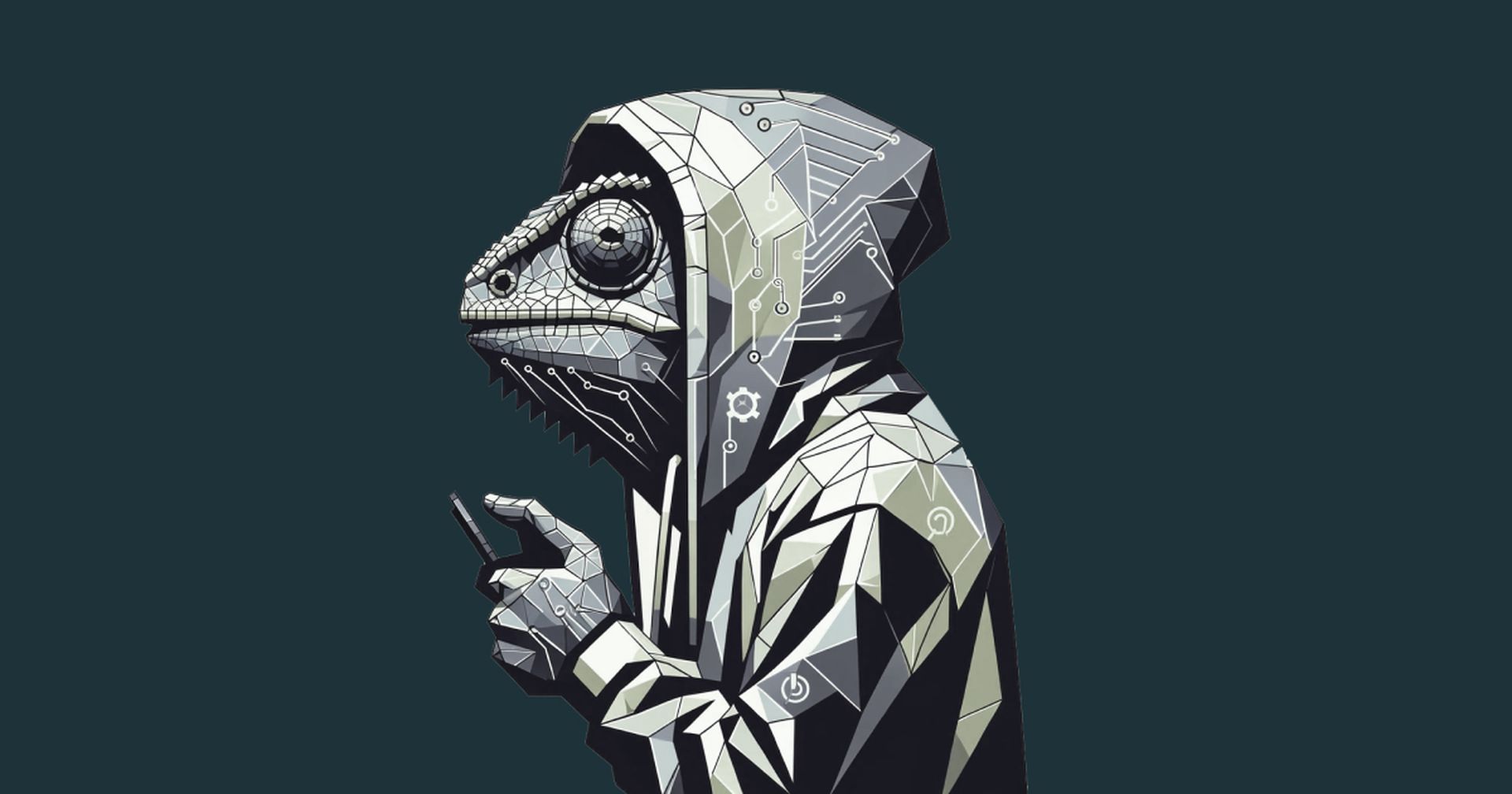 A black-and-white drawing of a chameleon wearing a hoody while holding a phone