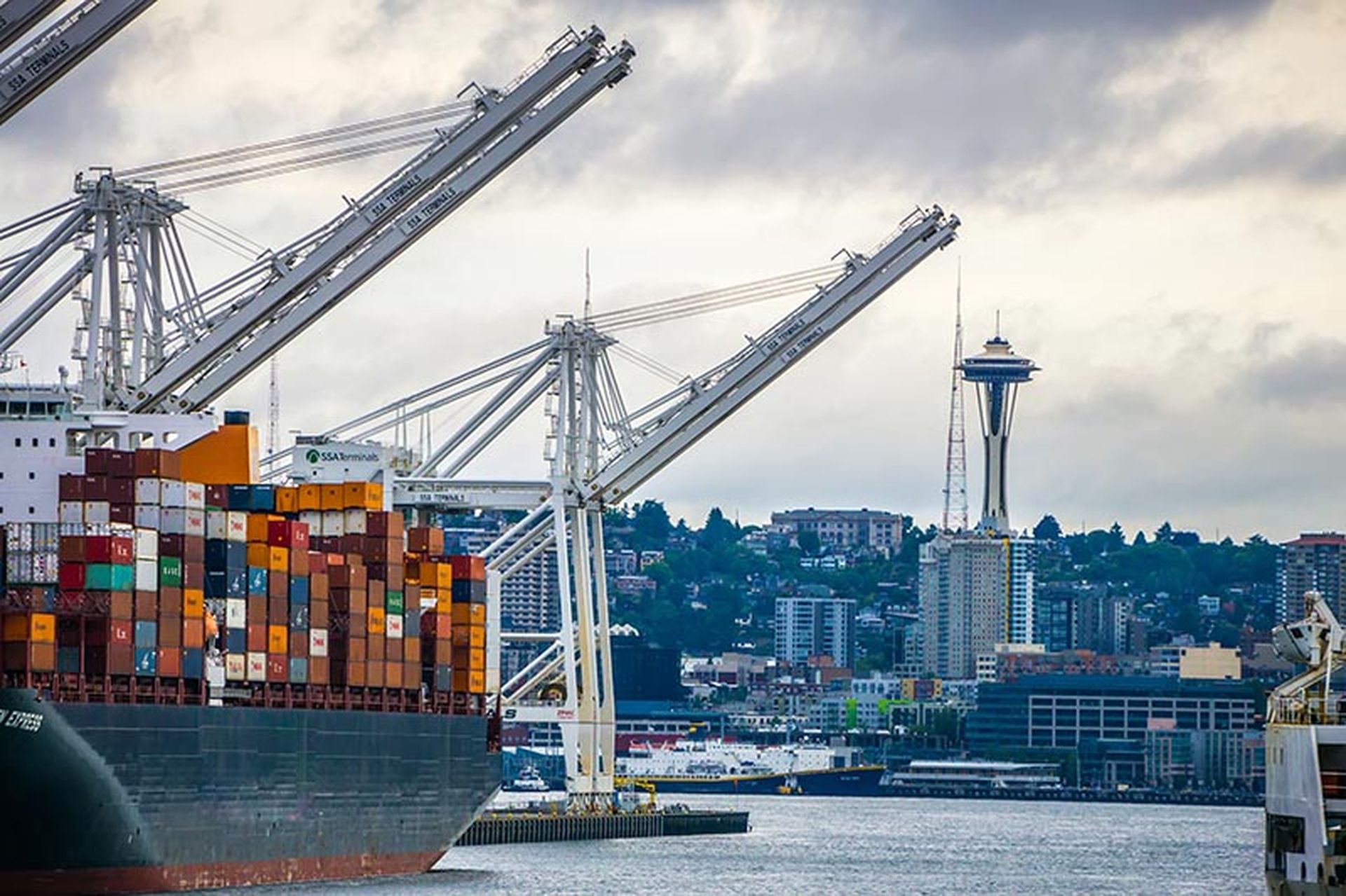 port of seattle with downtown skyline early morning