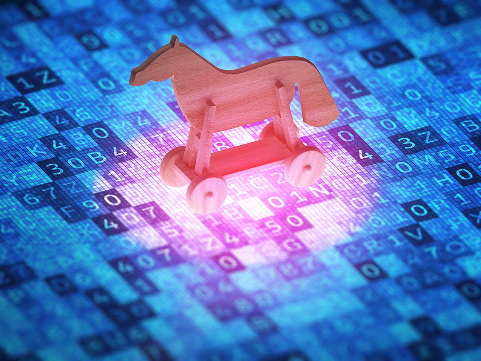 Cyber security concept. Toy horse on a digital screen, symbolizes the attack of the Trojan virus. 3D illustration.