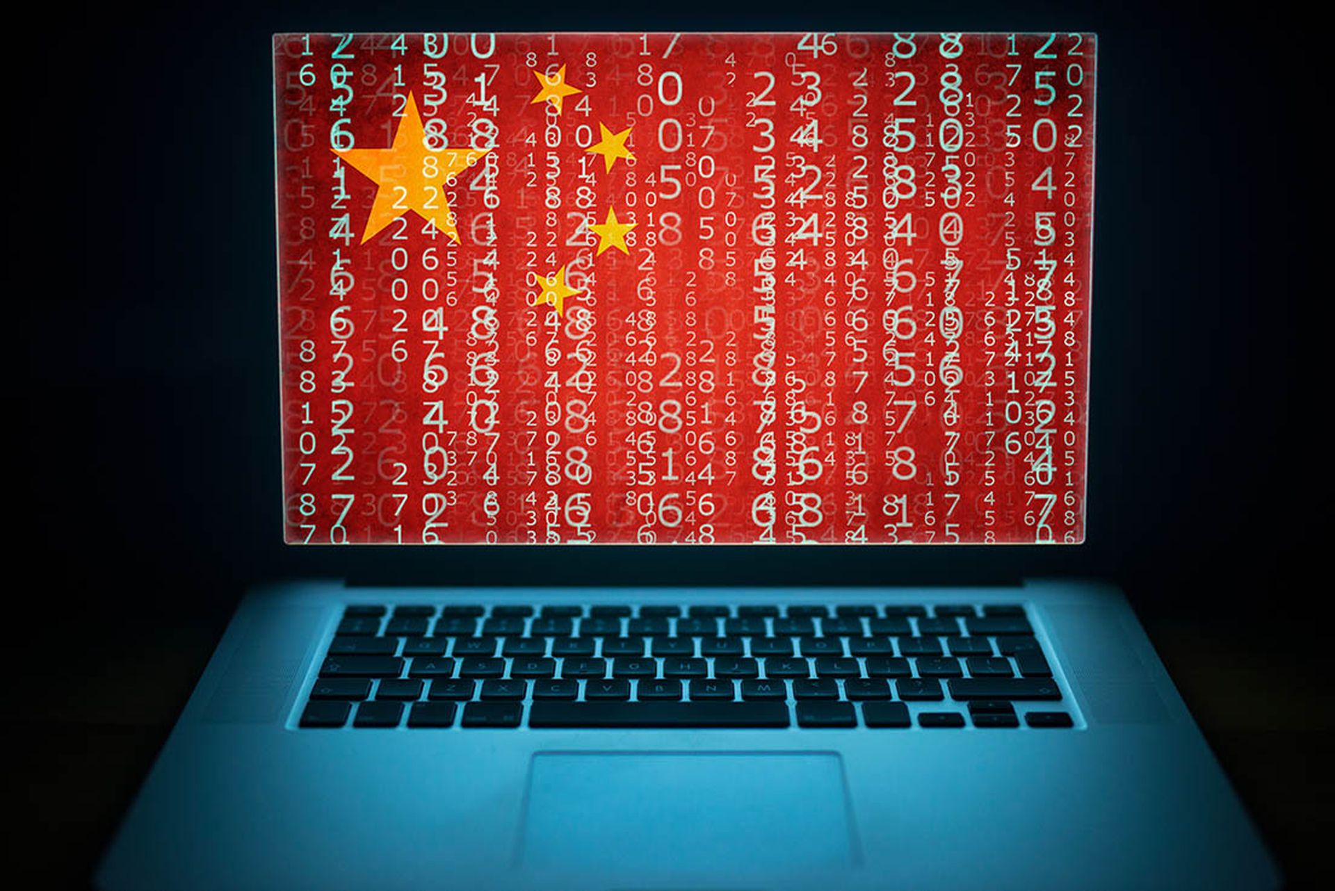 Chinese hacker. Laptop with binary computer code and china flag