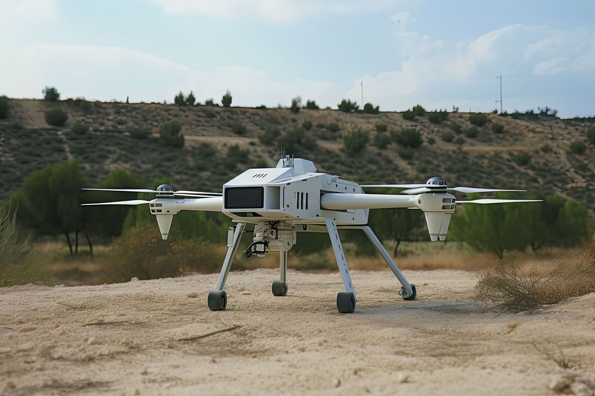 Battle war drone flying in the sky, an unmanned combat aerial vehicle, controlled by war ground control station.