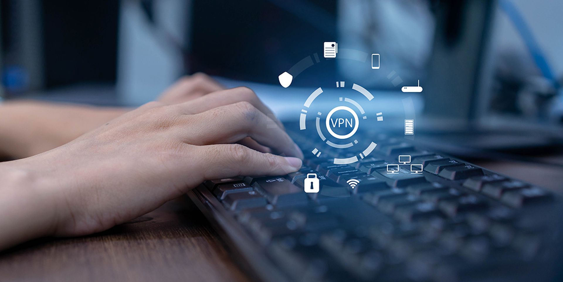 close up on man hand type password on keyboard computer desktop to access VPN mode during use internet data telecommunication with interface icon for future network communication technology concept