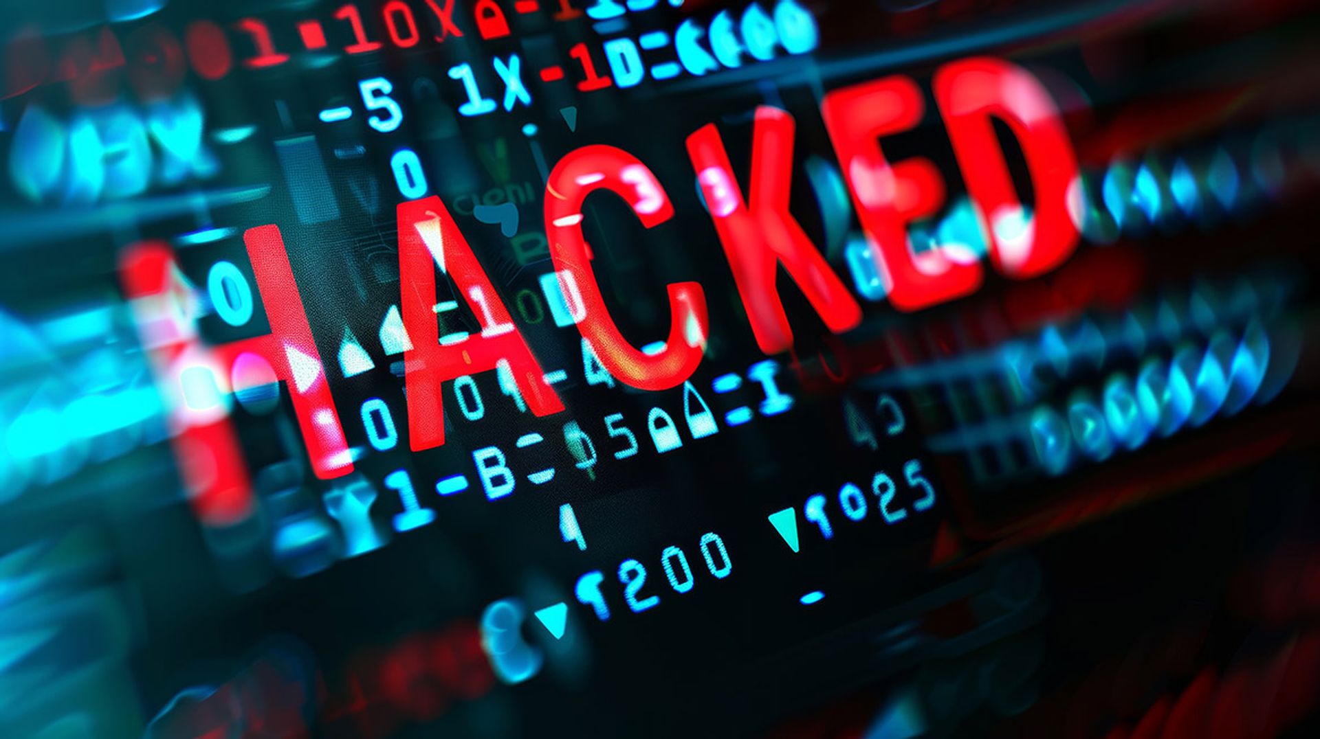 Detailed view of a computer screen with the word "HACKED" displayed prominently