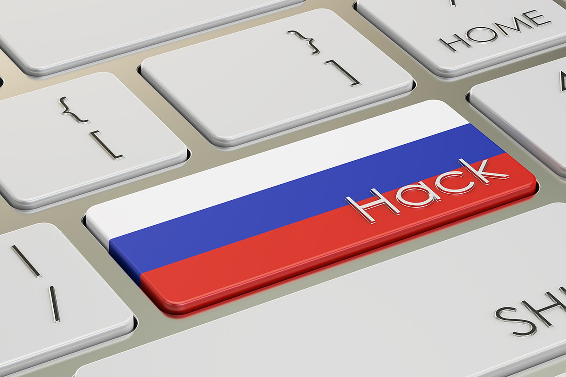 Russian hack attack concept, on the computer keyboard. 3D rendering