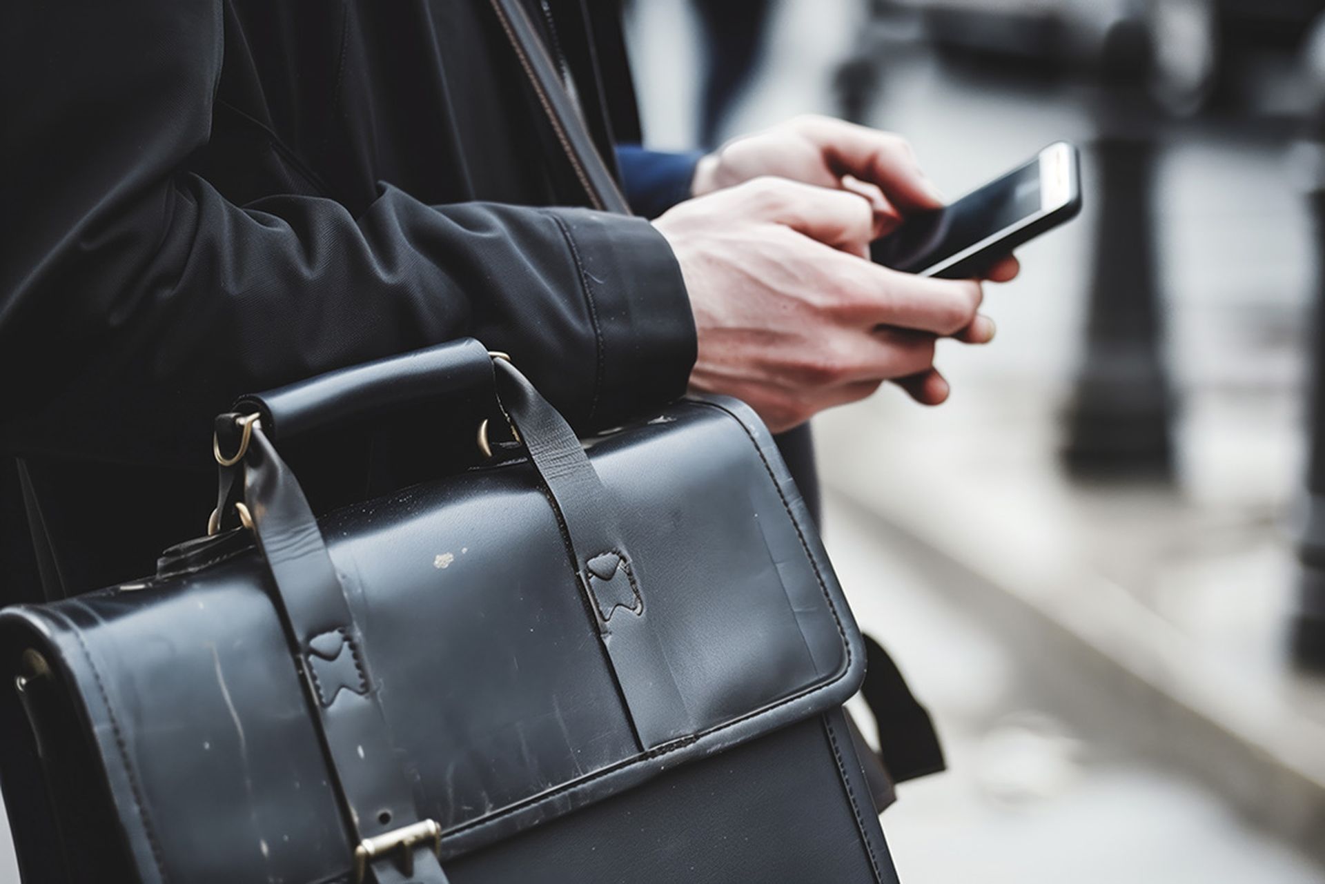 individual holding a briefcase while using a smartphone