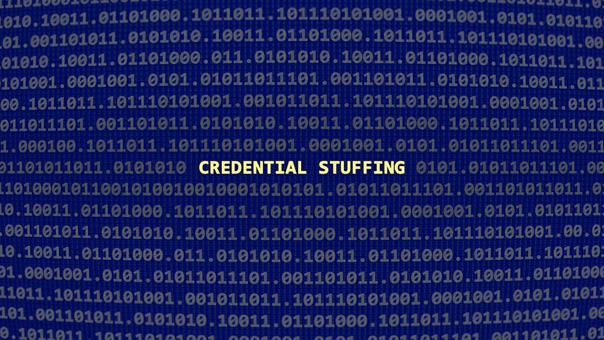Cyber attack credential stuffing. Vulnerability text in binary system ascii art style, code on editor screen.