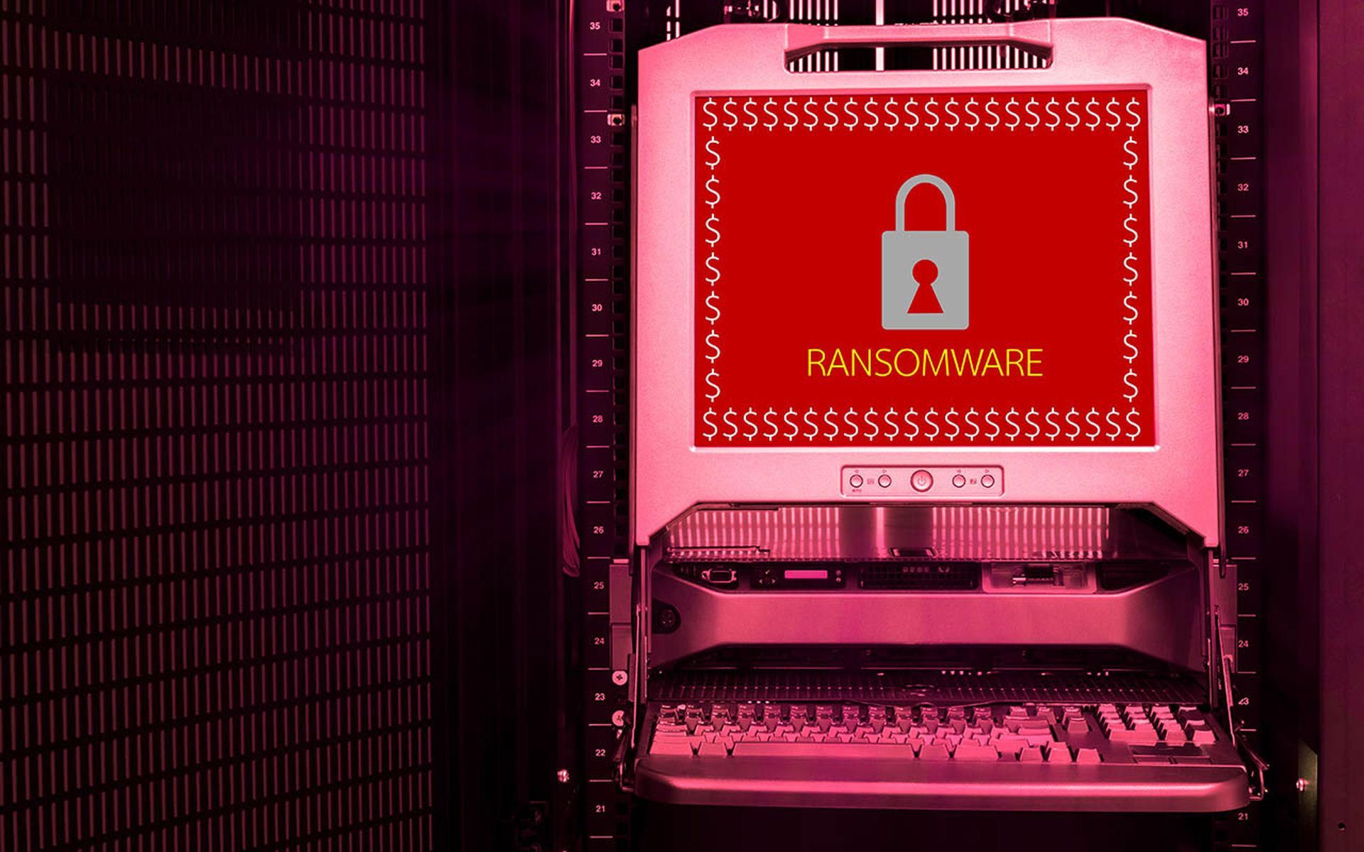 Ransomware attack alert on monitor screen in data center, network security concept