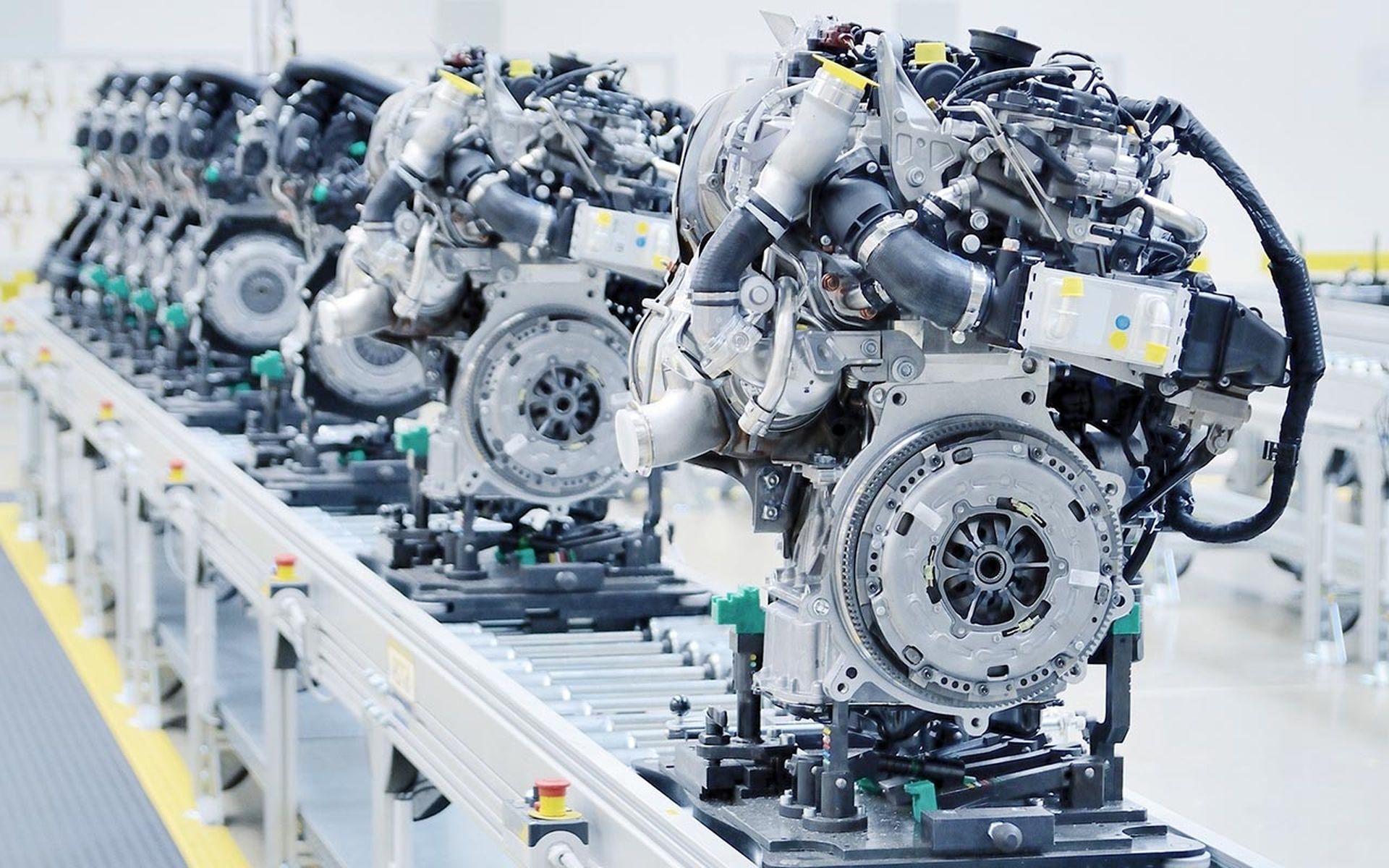 New manufactured engines on assembly line in a factory.