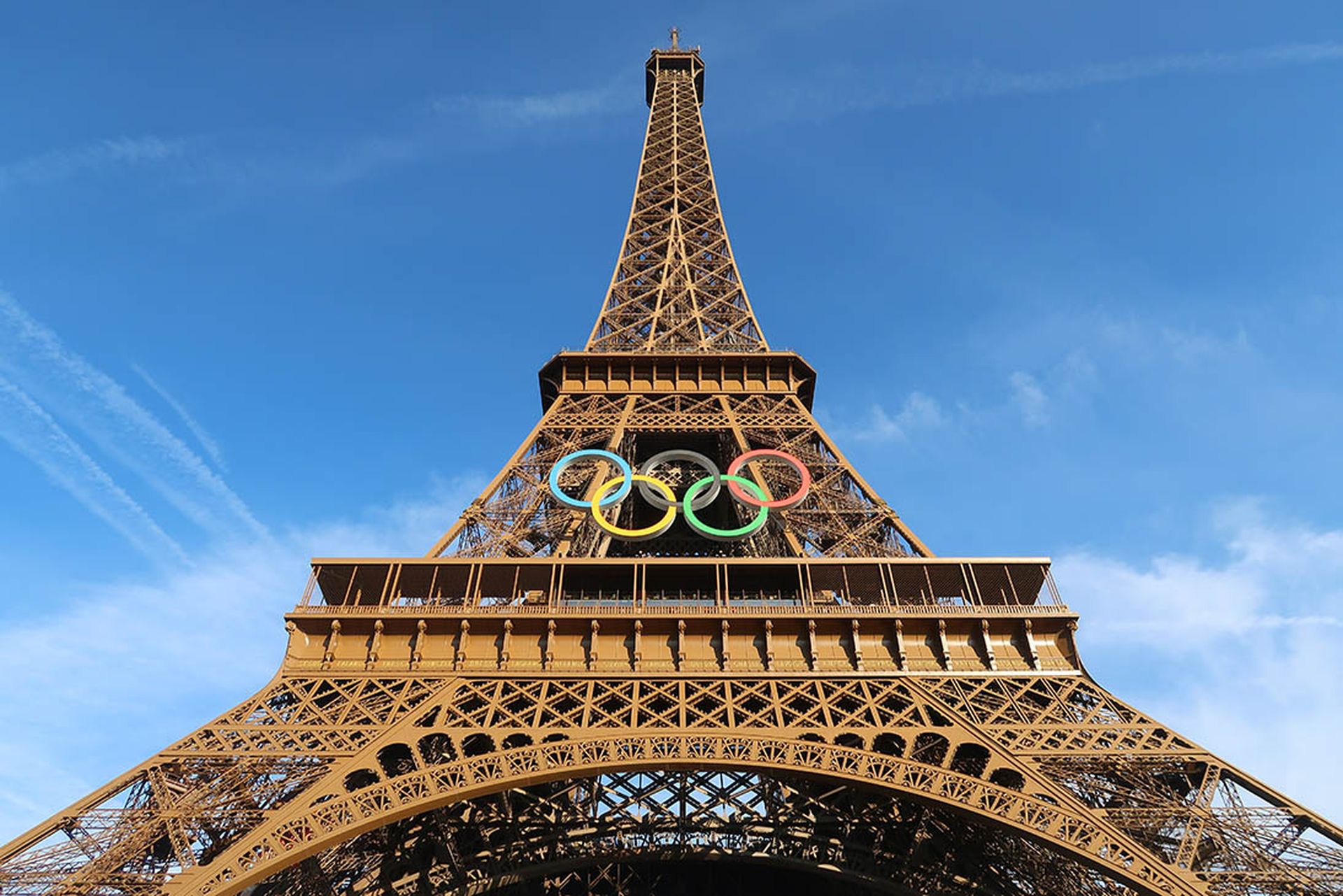 The Eiffel Tower is seen with the Olympic rings