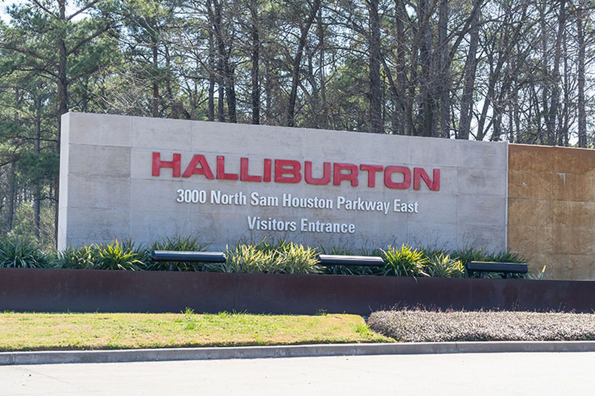 Halliburton ground sign at the entrance to their headquarters in Houston. Halliburton Company is an American oil field service company.