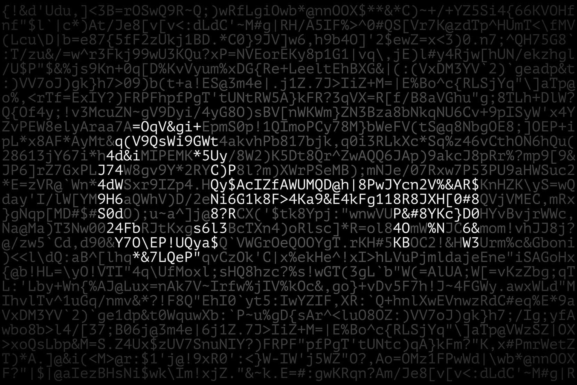 Many different letters, numbers and special symbols, and silhouette of key as symbol of password. Concept of strong password creating, password-protected data, information security