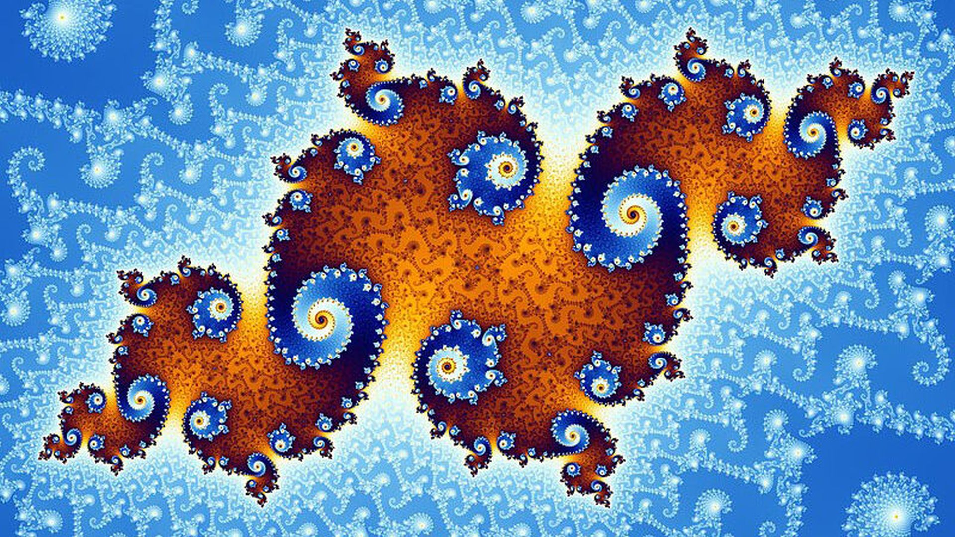 A set of Mandelbrot fractals, each with an infinitely recursive perimeter.