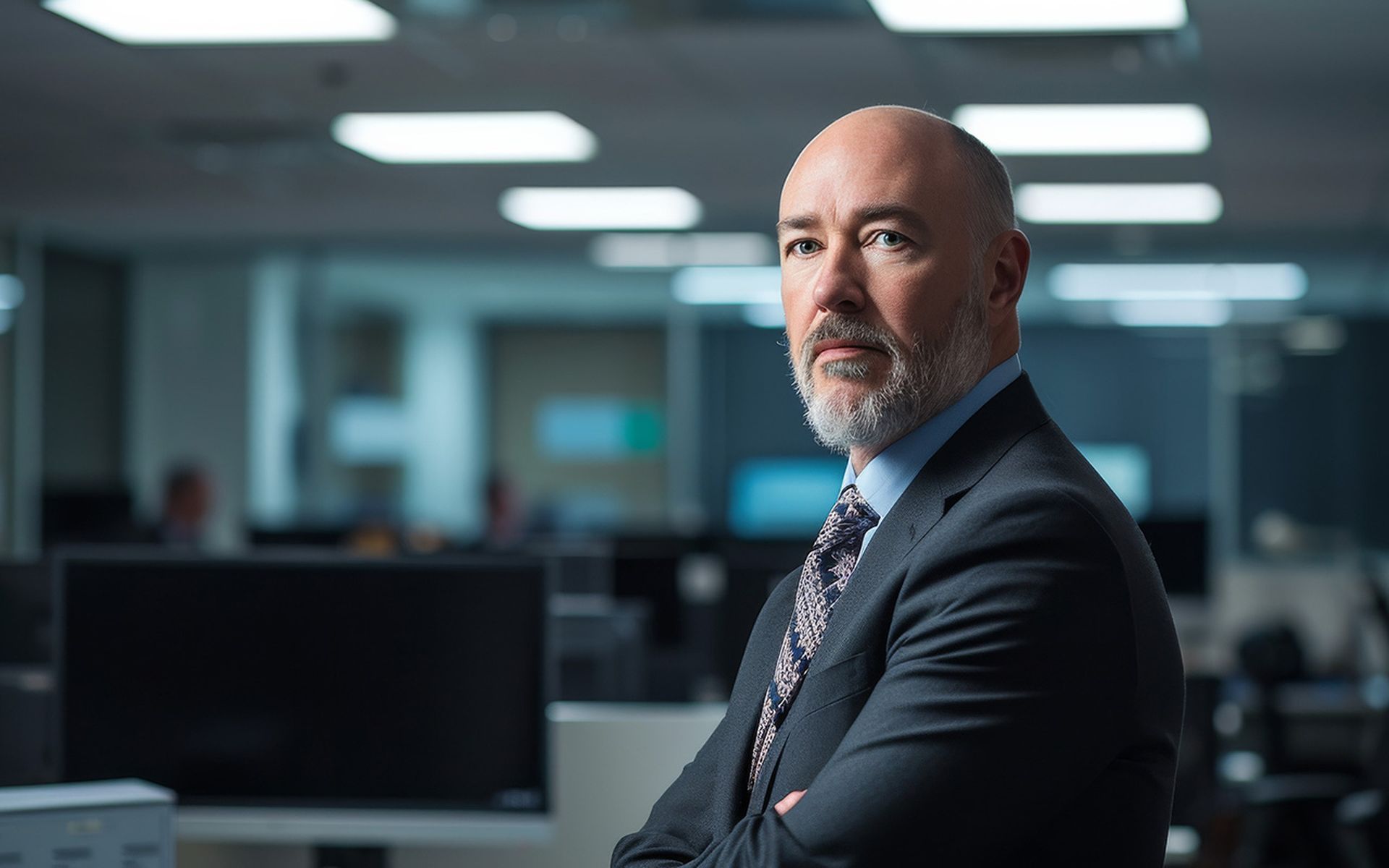 Editorial-style stock photo of a Chief Information Security Officer (CISO) using negative space photography techniques. The setting is a modern office environment, with the CISO positioned off-center to create negative space. The composition is carefully framed to highlight the CISO's authoritative presence and the surrounding empty space, symbolizing the need for security and protection in digital landscapes. The background features elements of the office, such as computers, monitors, and security-related visuals, adding context to the CISO's role. The lighting is subtle yet impactful, drawing attention to the CISO while emphasizing the importance of cybersecurity. The mood is professional and vigilant, conveying the CISO's dedication to safeguarding sensitive information and digital assets. --ar 7:4 --v 6 Job ID: f89a8dfb-ebea-4c46-ad40-7b415579d10a