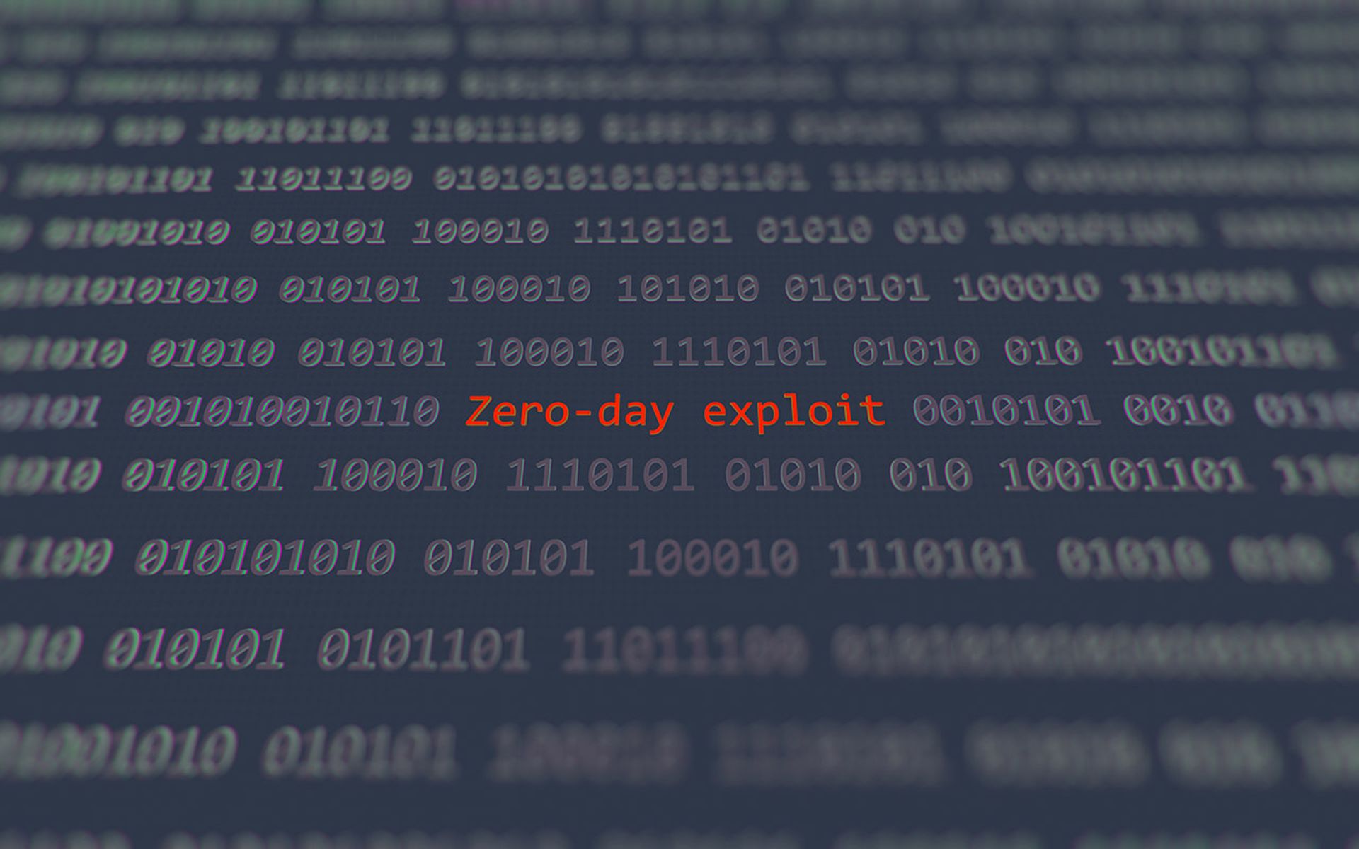 Cyber attack zero-day exploit vulnerability in text binary system ascii art style, zero day code on editor screen.