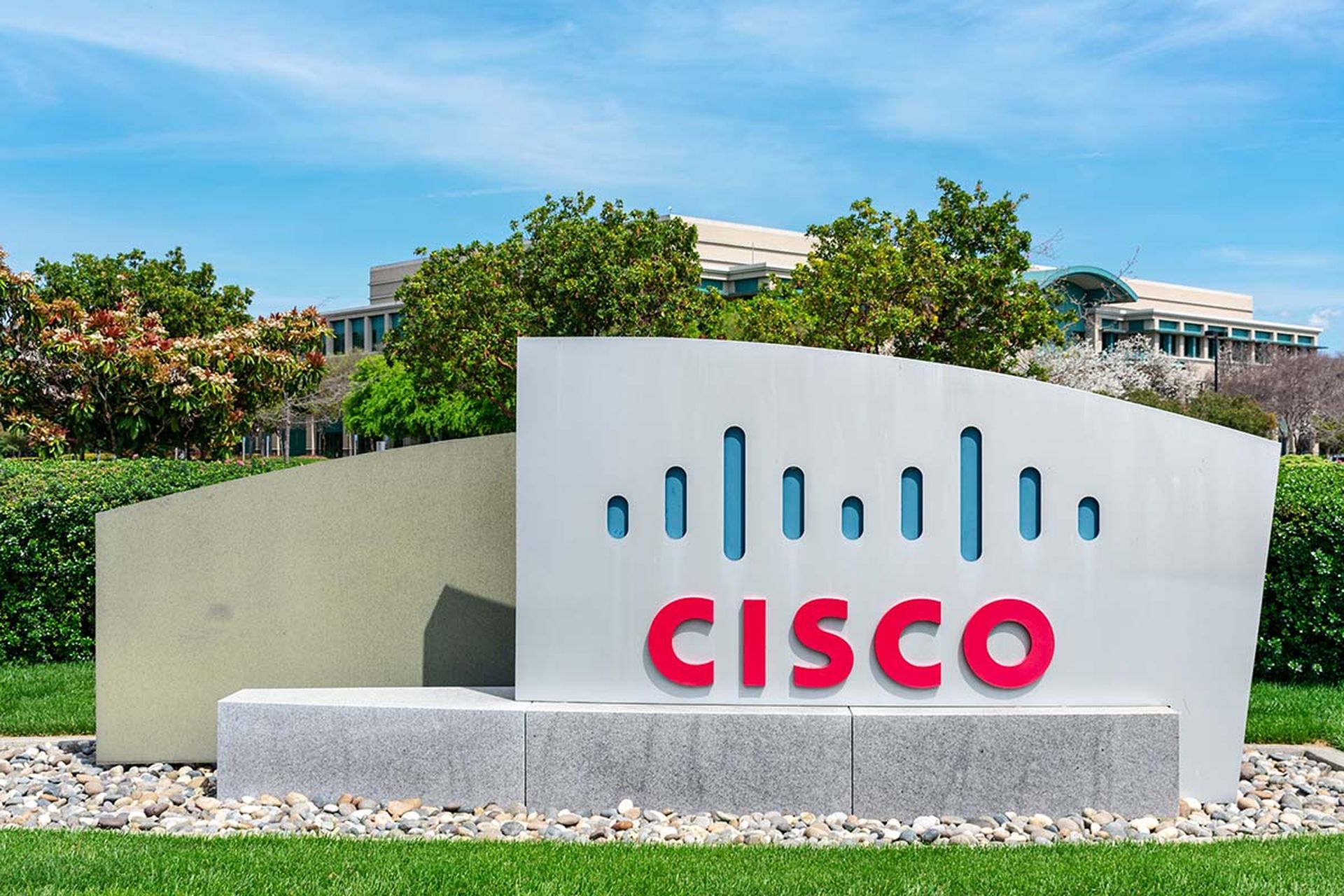 Cisco sign near Cisco headquarters campus in Silicon Valley.