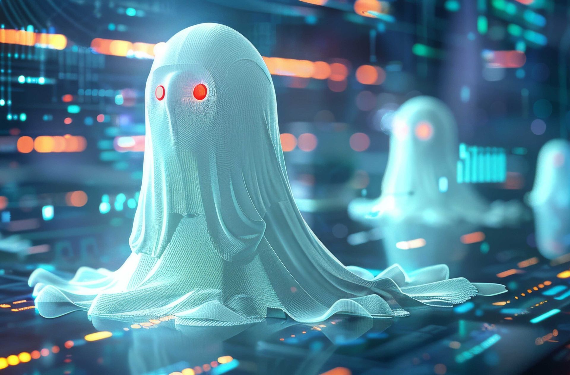 Futuristic ghost-like figures amid neon lights, representing AI, digital technology, and cybersecurity concepts in a virtual space.