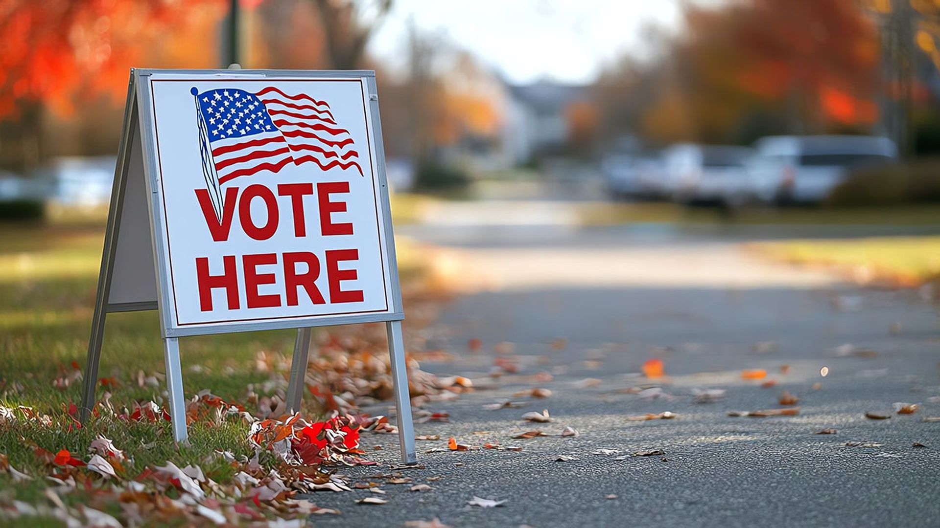 A vibrant scene featuring a 'Vote Here' sign surrounded by autumn foliage, symbolizing civic engagement and the voting process.