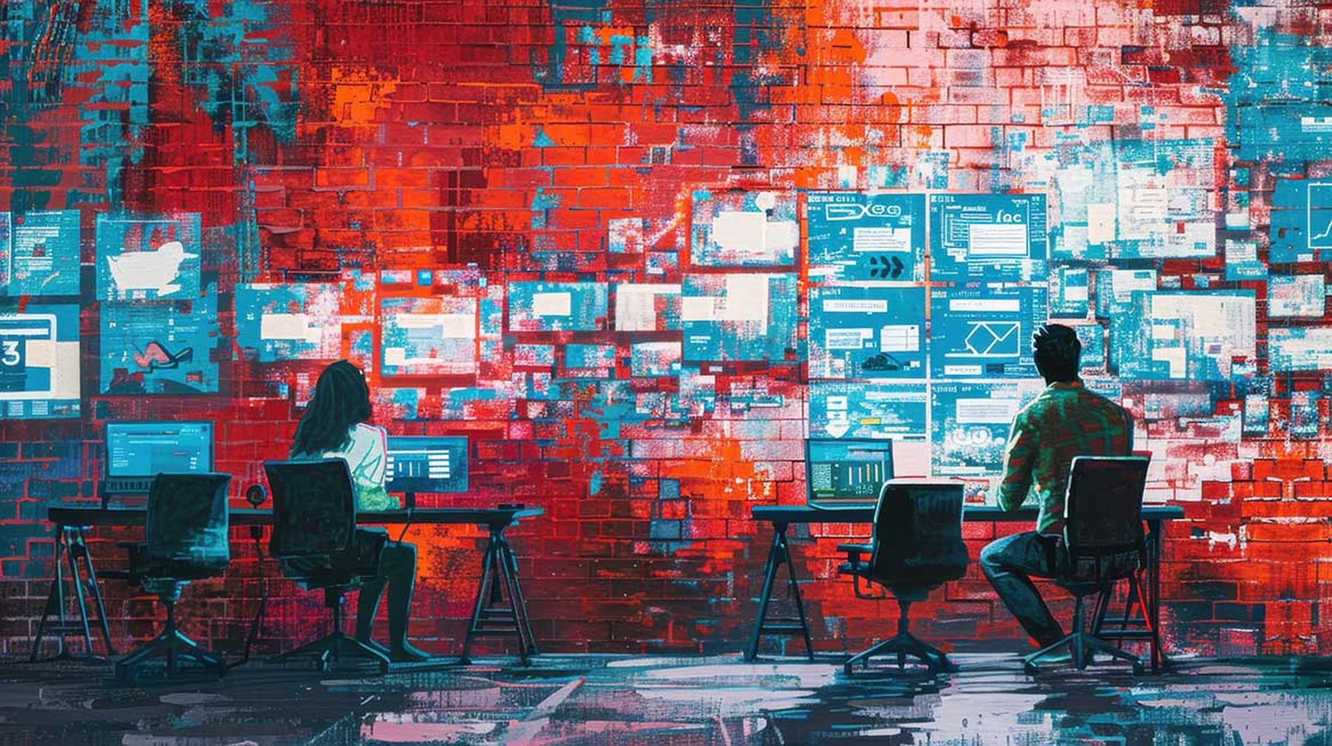 High-resolution painting of a red brick wall illustrating a career expo for AI jobs, where job seekers explore tech job markets, resumes, and interview opportunities. Background color