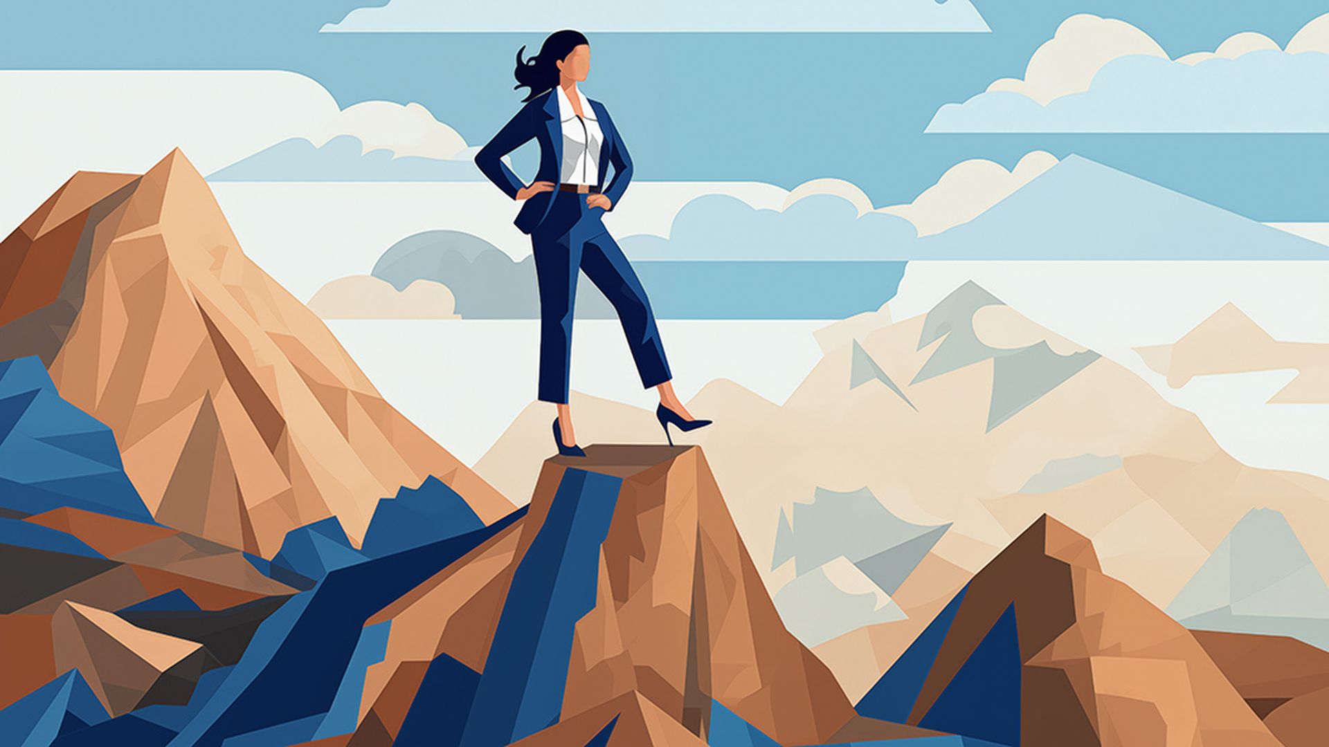 Business graphic vector modern style illustration of a business person on a mountain top representing conquering achievement progression overcoming hitting new goals or targets