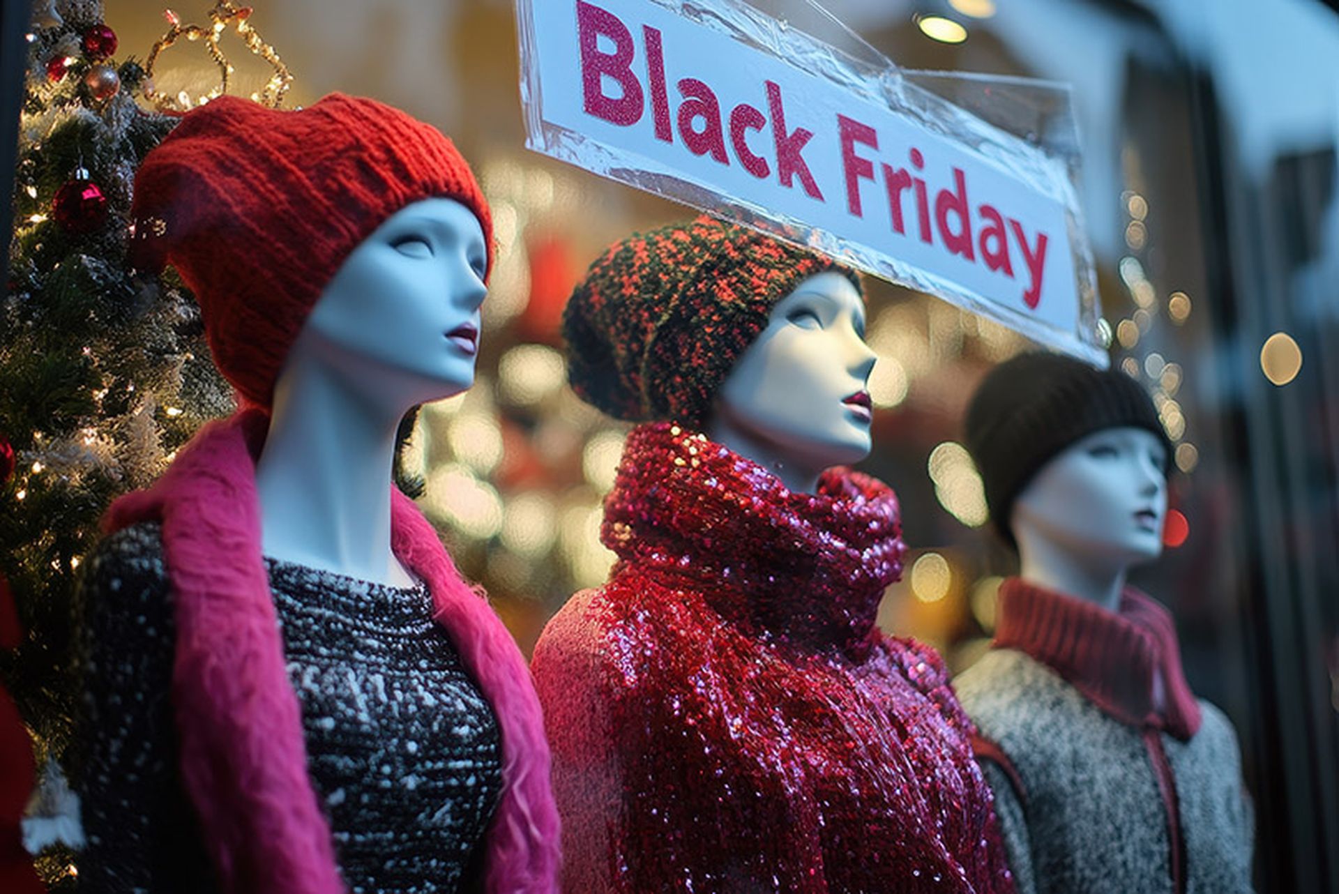 A storefront window featuring mannequins dressed in holiday attire, with a giant "Black Friday Sale" sign taped to the glass and sale percentages on each outfit.