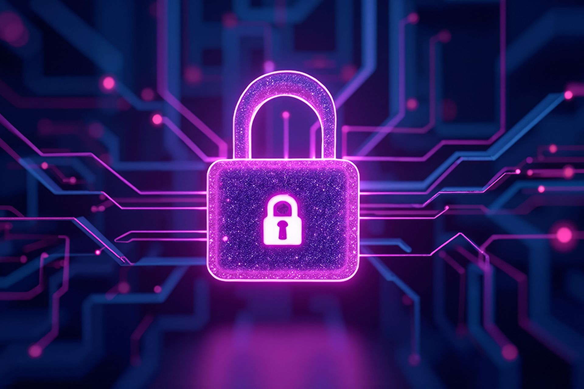 A vibrant digital lock glows against a backdrop of intricate circuitry, representing advanced cybersecurity. The scene is filled with colorful lights, creating a sense of energy and innovation.