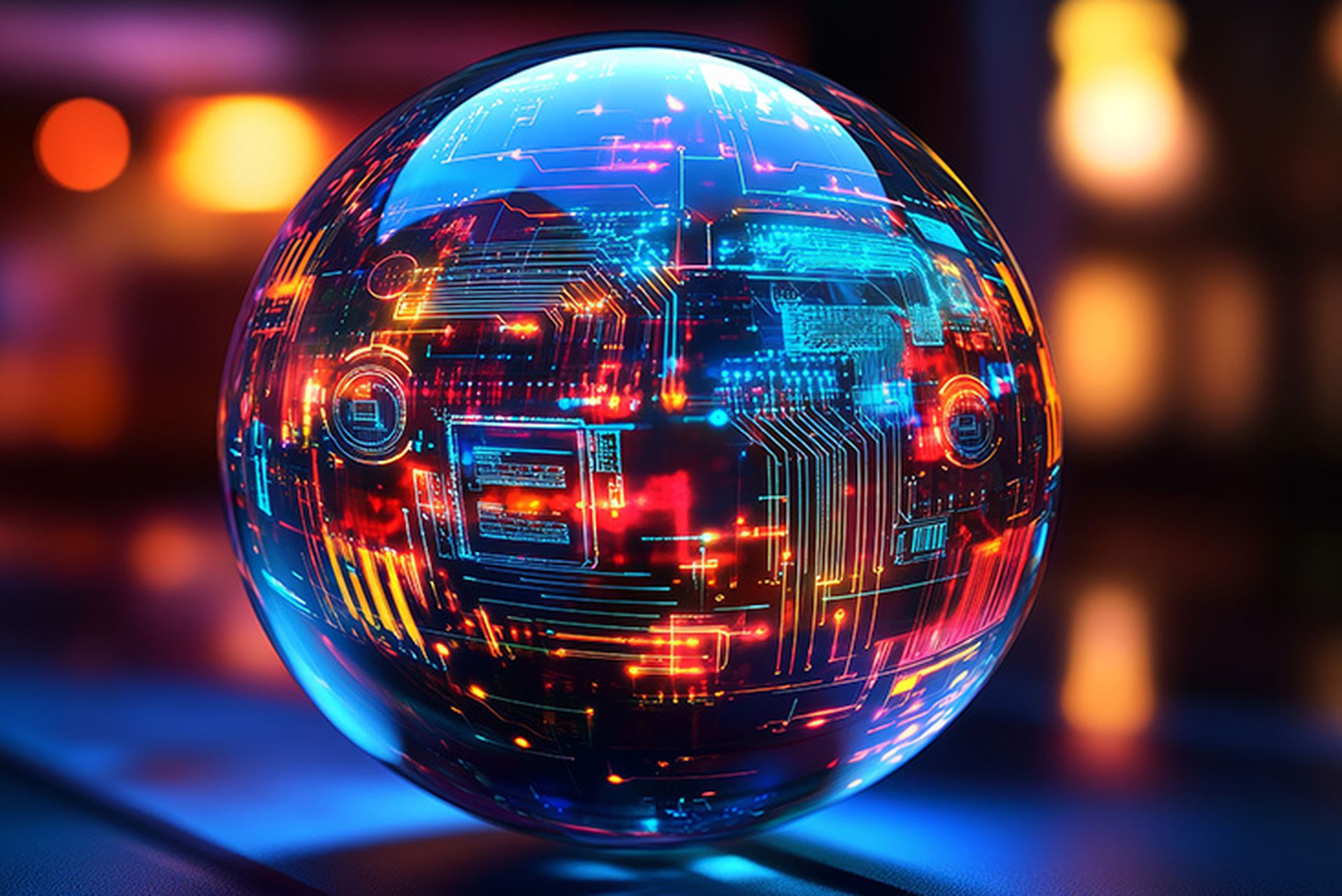 AI Chip Technology Vision Through Crystal Ball A crystal ball reveals the future of AI technology with glowing circuits and symbols representing data security and cloud storage