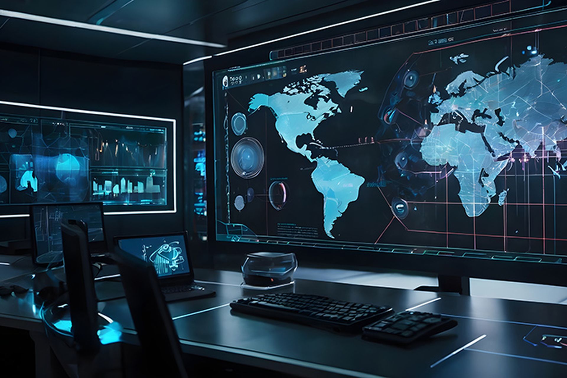 Digital screen with world map futuristic technology in military cyberspace or geopolitics