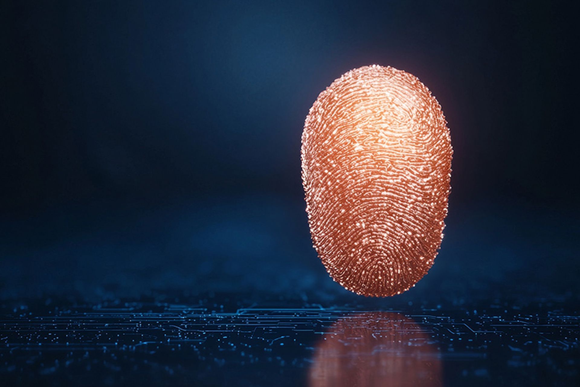 Glowing Fingerprint Digital Identity Concept, 3D Render, Circuit Background