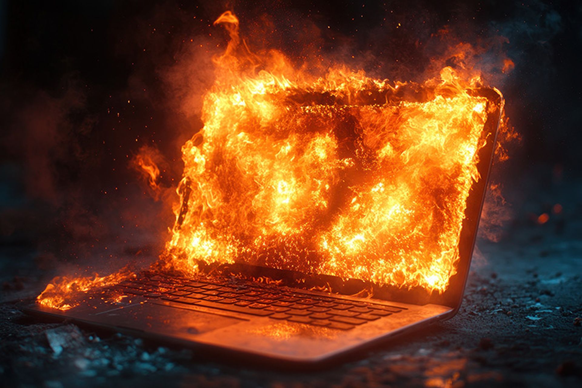 Fire Laptop Screen Dramatic Scene Hyper-Realistic DDoS Attack Website Crash