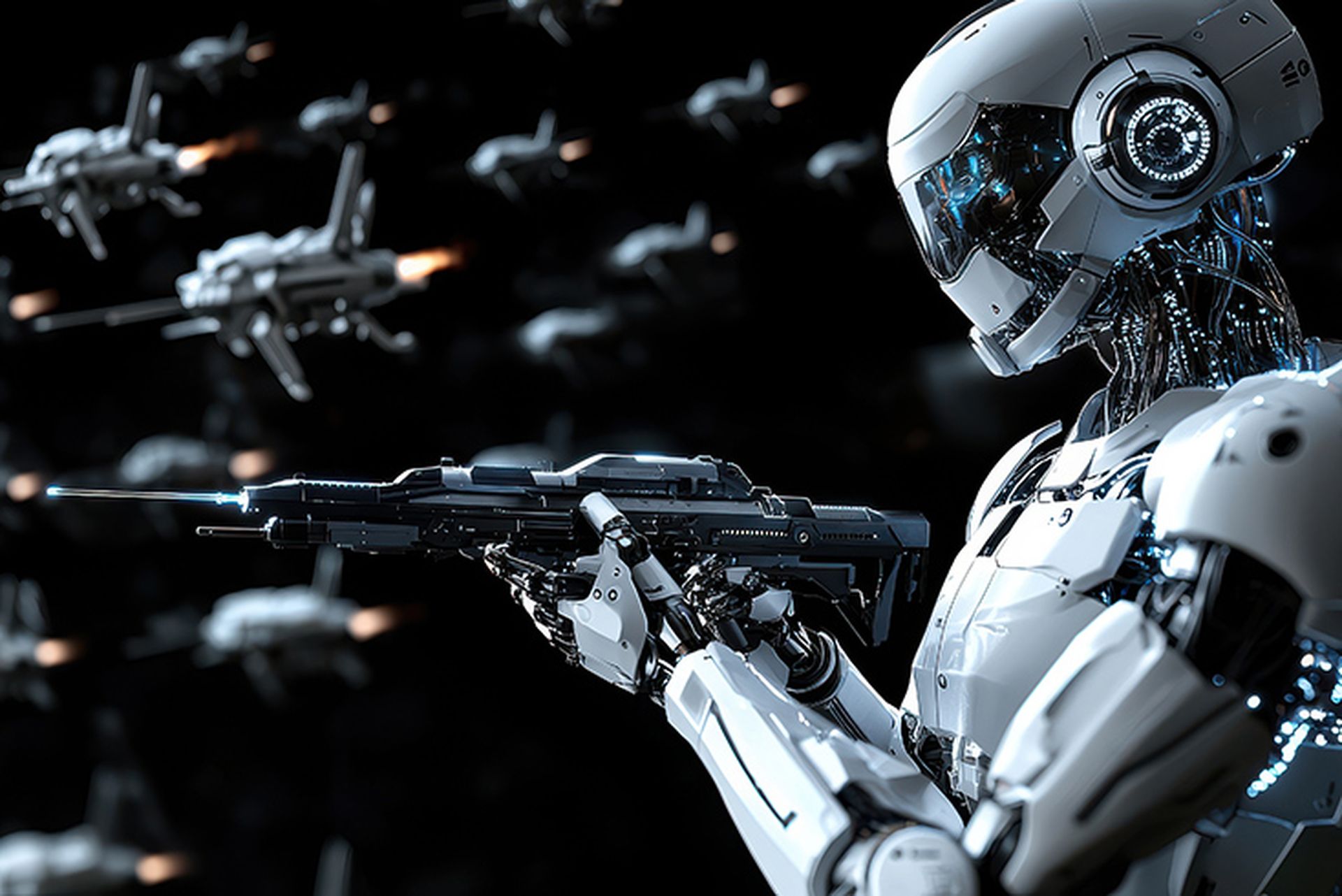 A futuristic battlefield with robots and drones engaged in a high-tech conflict