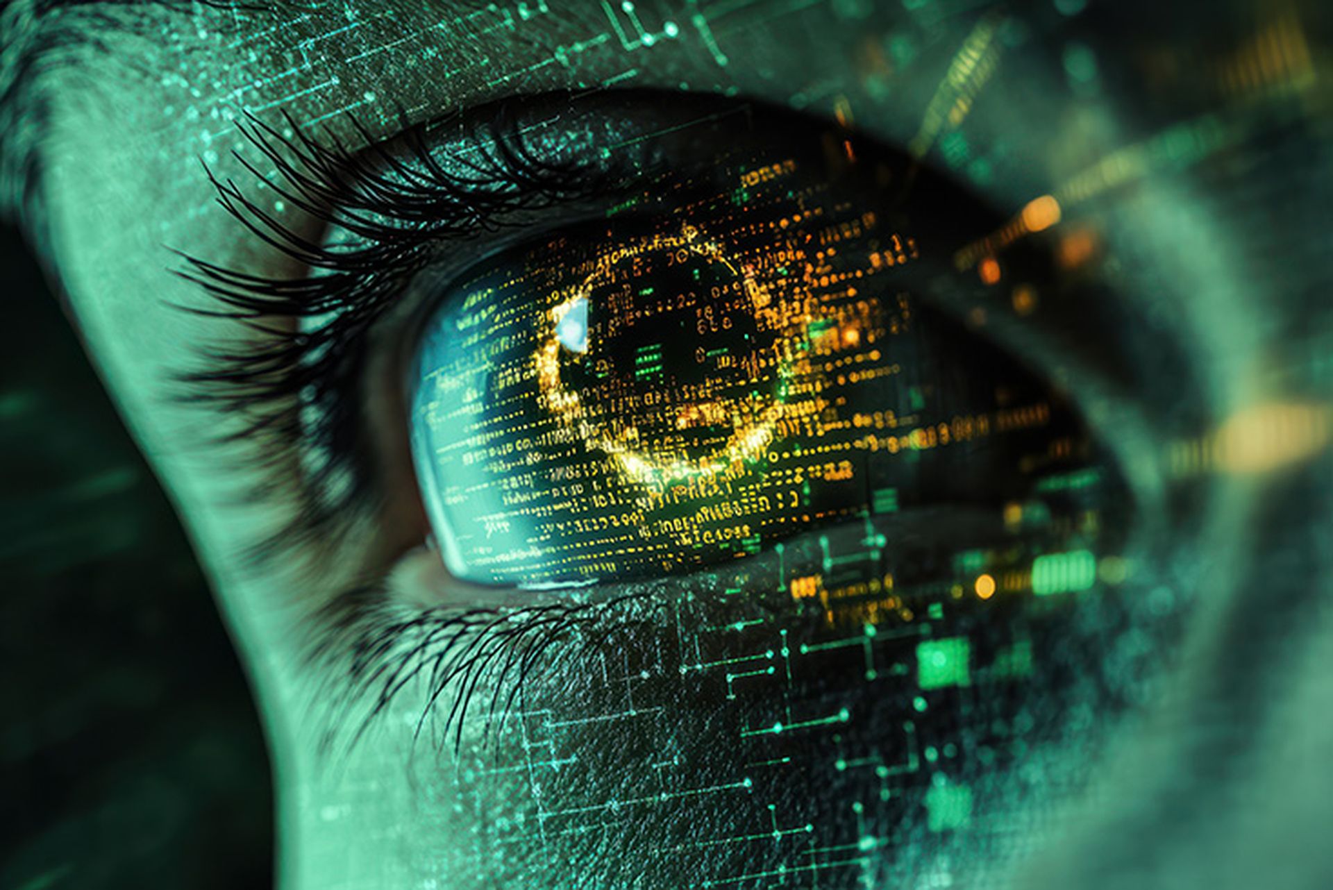 Human eye close-up on green tech background, hacker face and digital data pattern. Concept of cyber security, technology, future, hack, network, hyper realistic