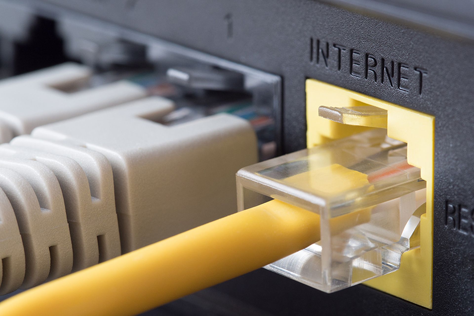 Network cables connected to a router or modem