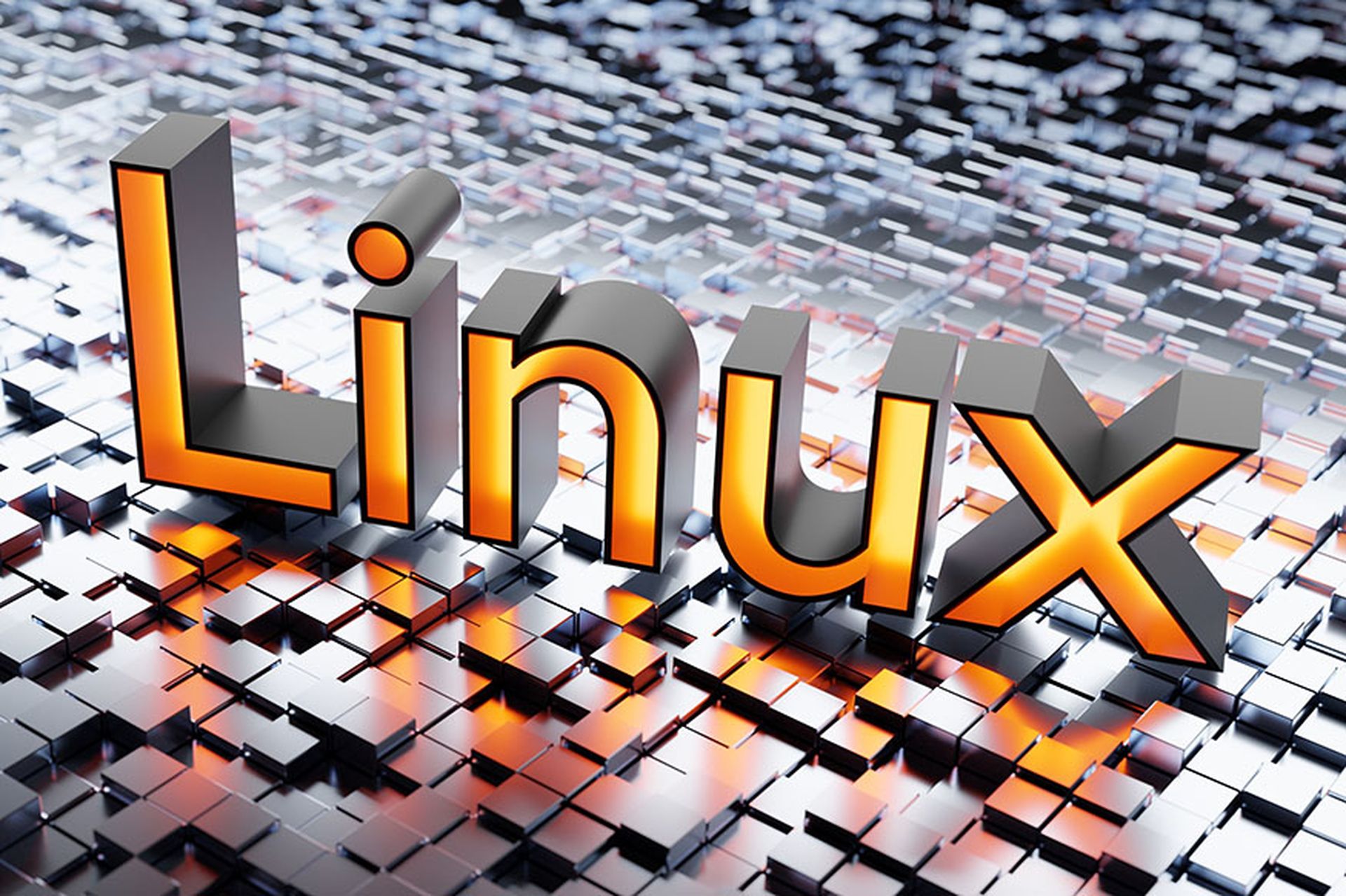 A 3D-Illustration of the word Linux on metallic cubes