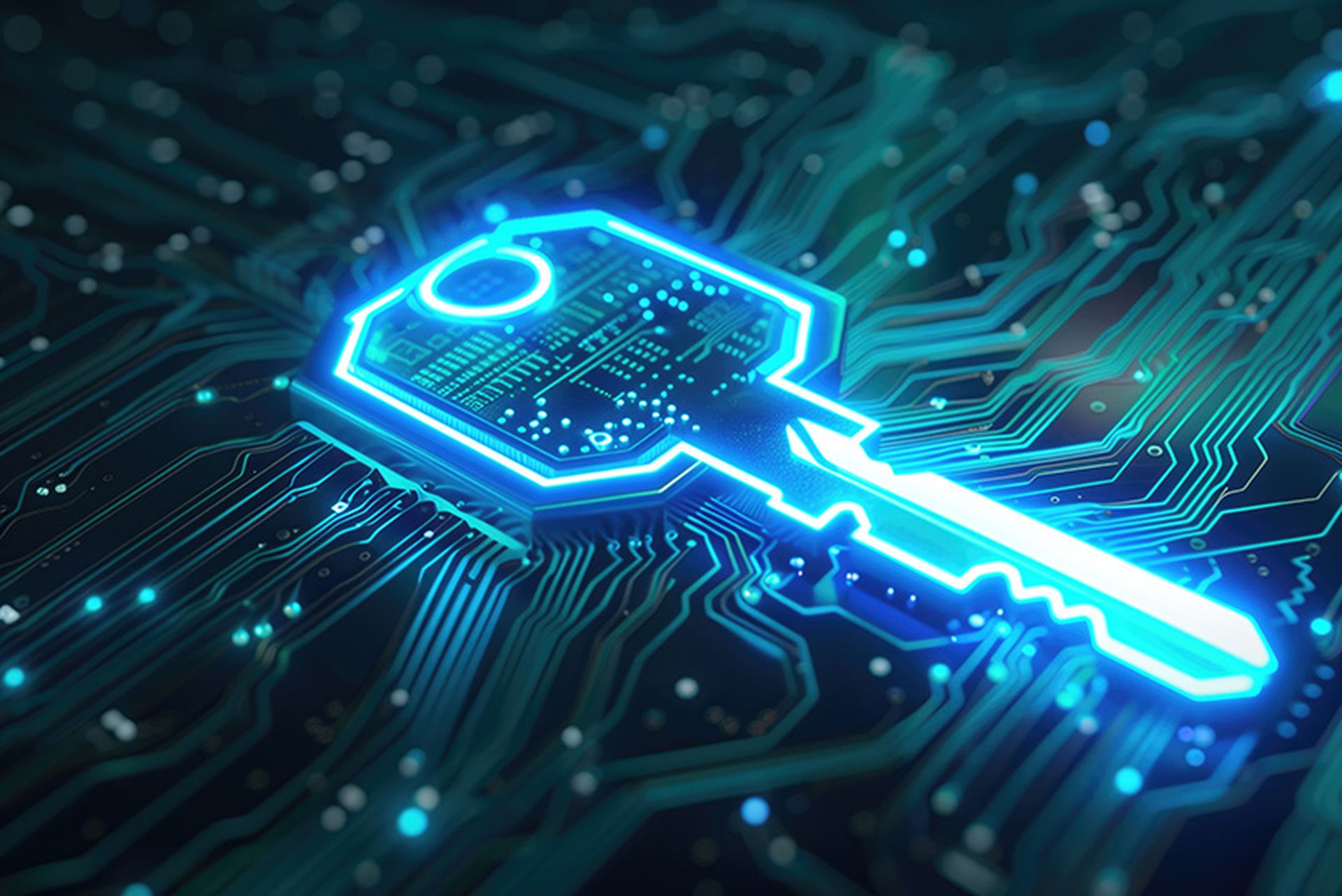 Glowing digital key on a dark circuit board symbolizing cybersecurity and data encryption. Cybersecurity awareness, data protection, digital security, IT, information safety, encryption concept.