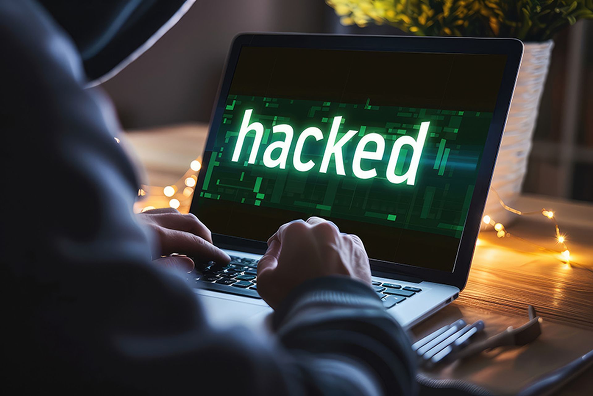 A cyberpunk hacker wearing a hoodie with a face drawn on it in