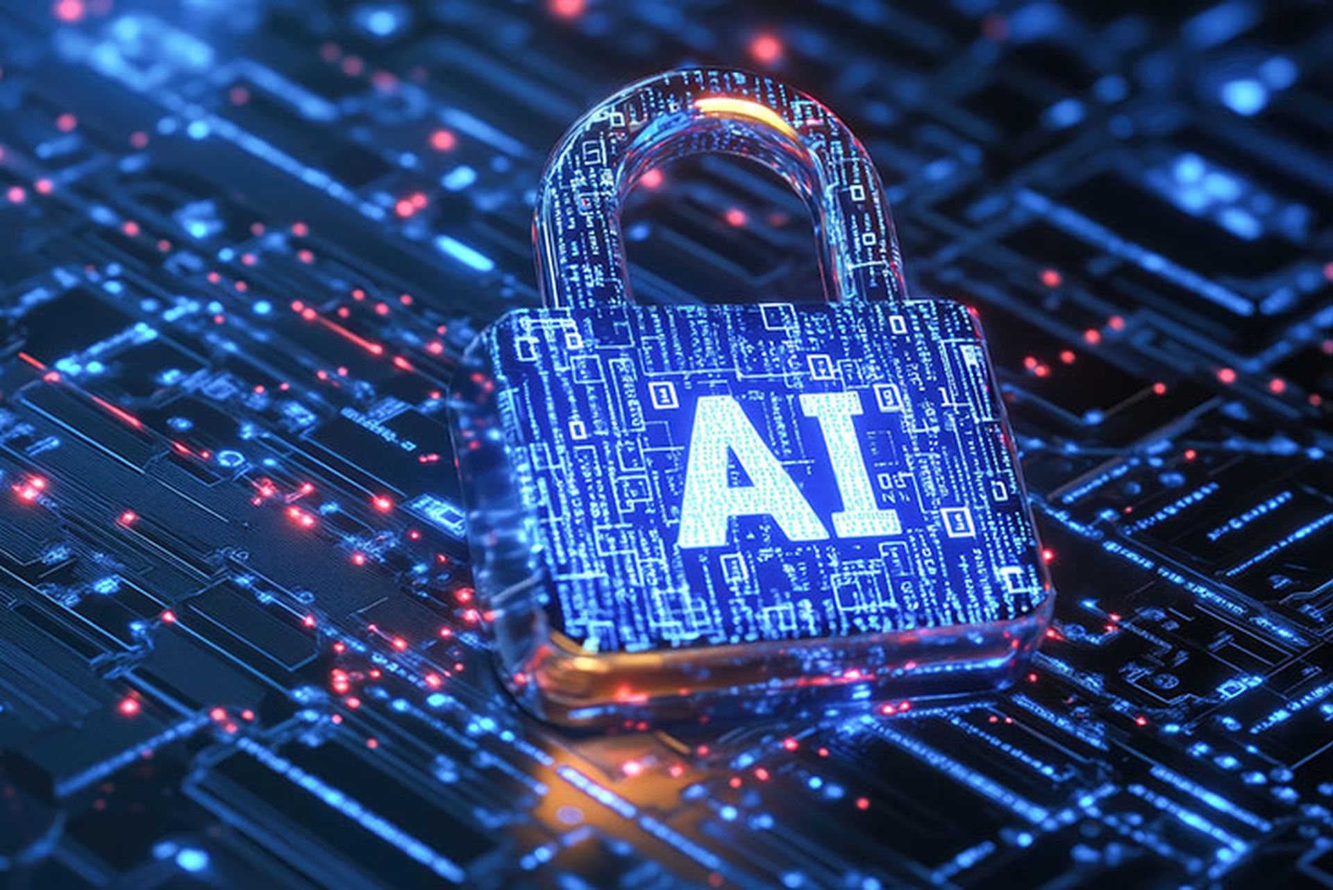 A futuristic padlock with binary code and the text "AI" floating in the center, symbolizing secure data
