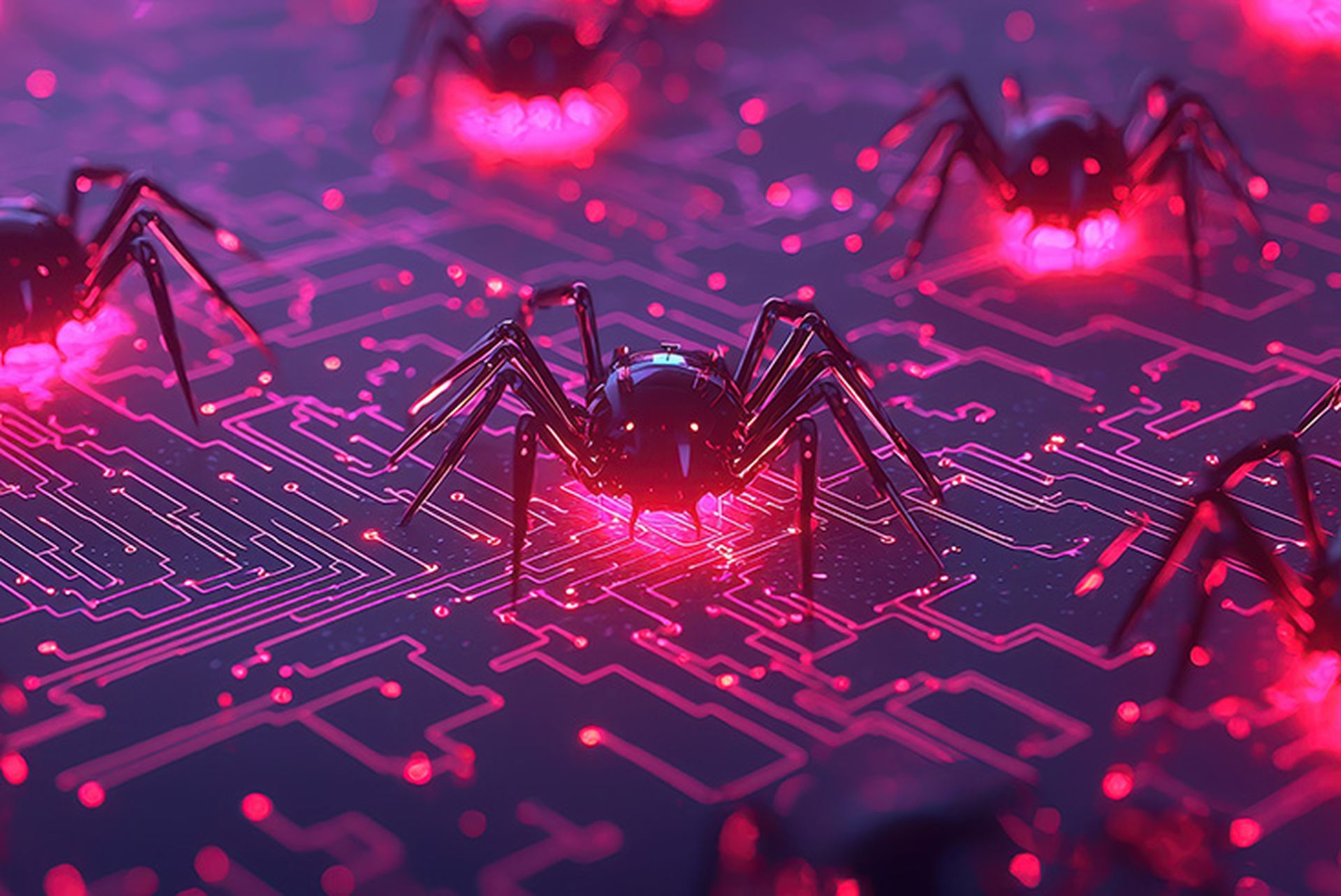 A Digital spiders crawling on glowing circuits, symbolizing malware and cyber threats. vibrant red highlights create sense of urgency and danger in tech world