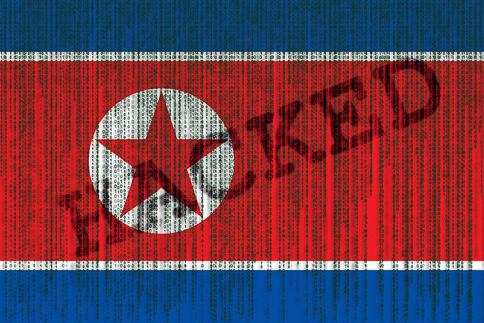 Data Hacked North Korea flag. North Korea flag with binary code.