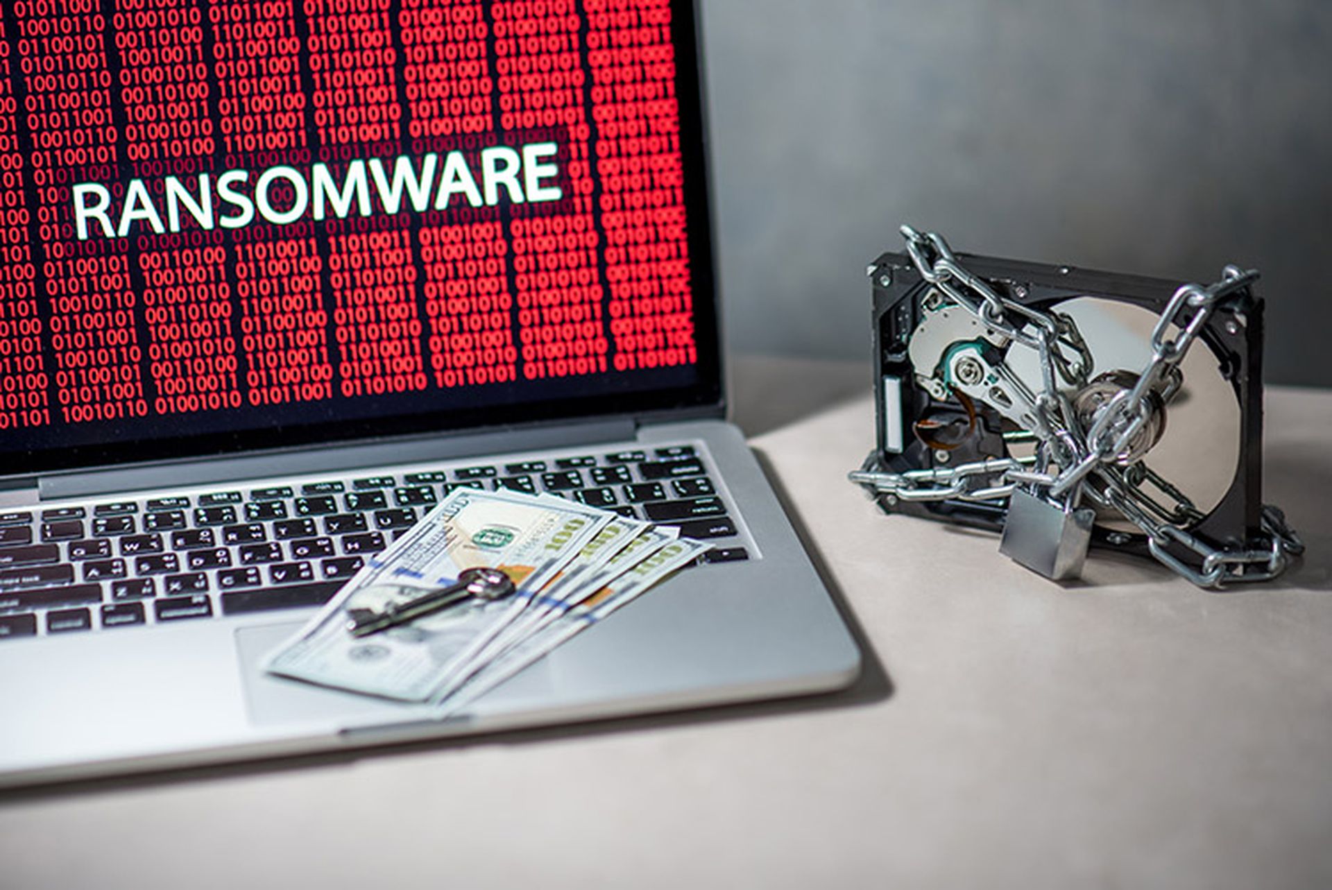 Hard disk file locked with monitor show ransomware cyber attack internet security breaches. Malware lock file concept for security article i.e. WannaCry or WannaCrypt attack all over the world