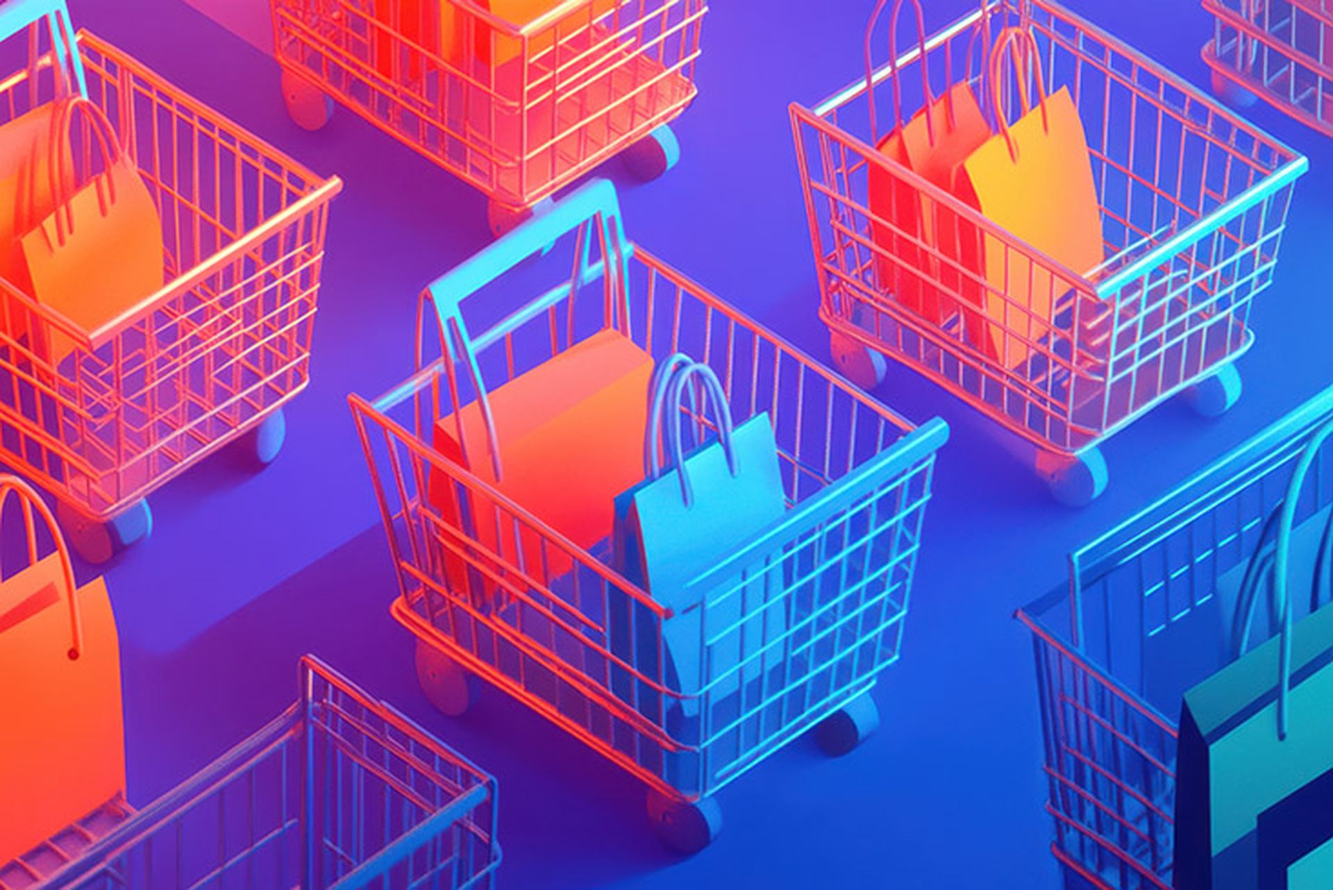 A stock illustration that represents the concept of e-commerce phishing in pastel orange and cobalt blue, incorporating fake shopping carts and conceptual metaphors of stolen data and false security for an engaging and intuitive understanding of the concept. Utilize soft gradients and layered shadows to create a hint of spatial complexity and priority. --ar 16:9 --v 6.1 Job ID: b12556c8-93ea-4d94-91b3-9ca3f4a58a7b