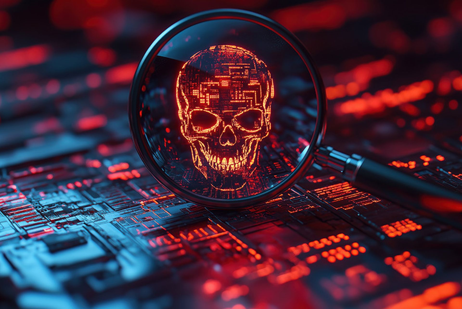 A magnifying glass reveals glowing skull pattern on digital background, evoking intrigue.