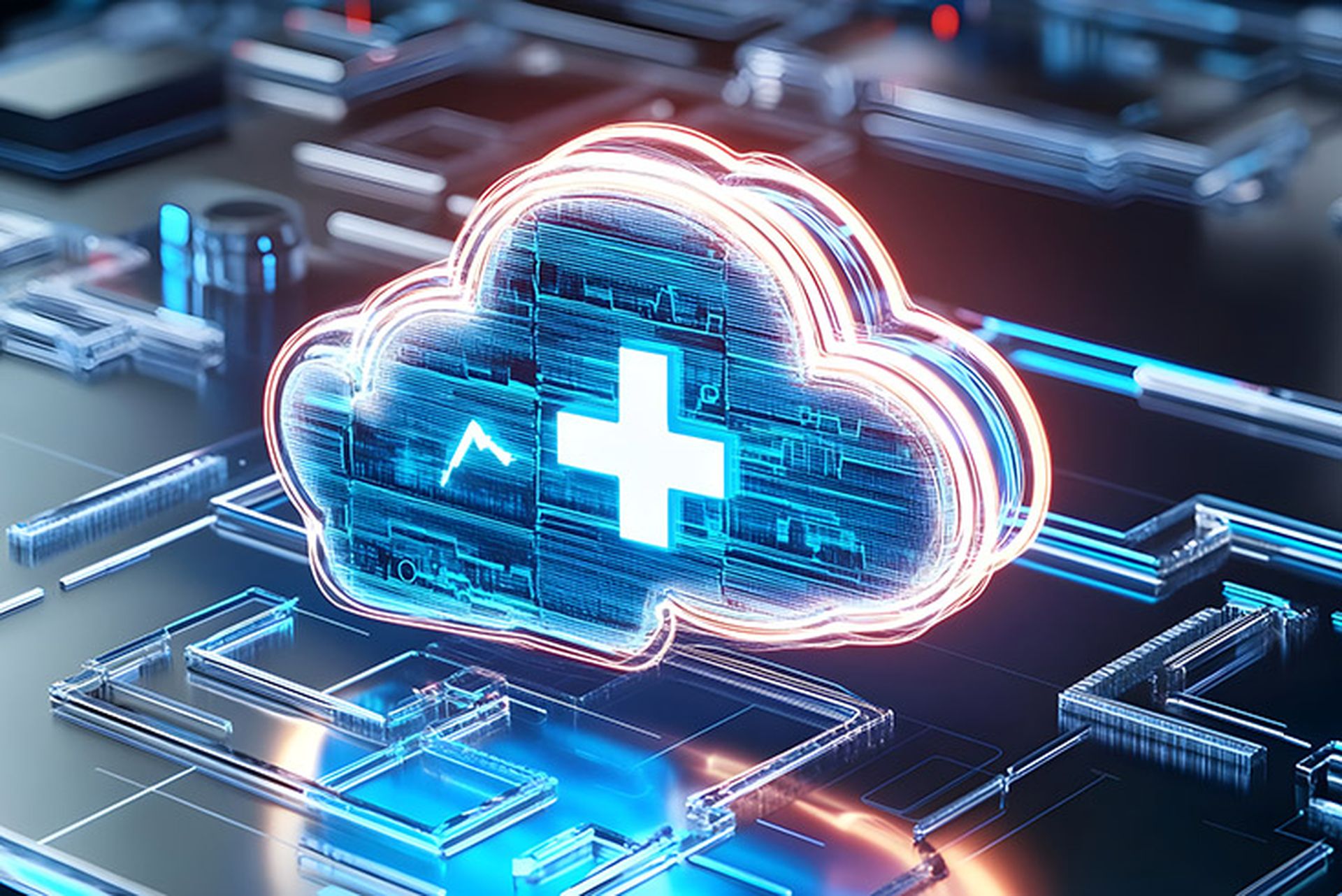futuristic cloud computing concept. glowing cloud symbol with medical cross on a digital circuit board background. ideal for technology, healthcare, and data security projects.