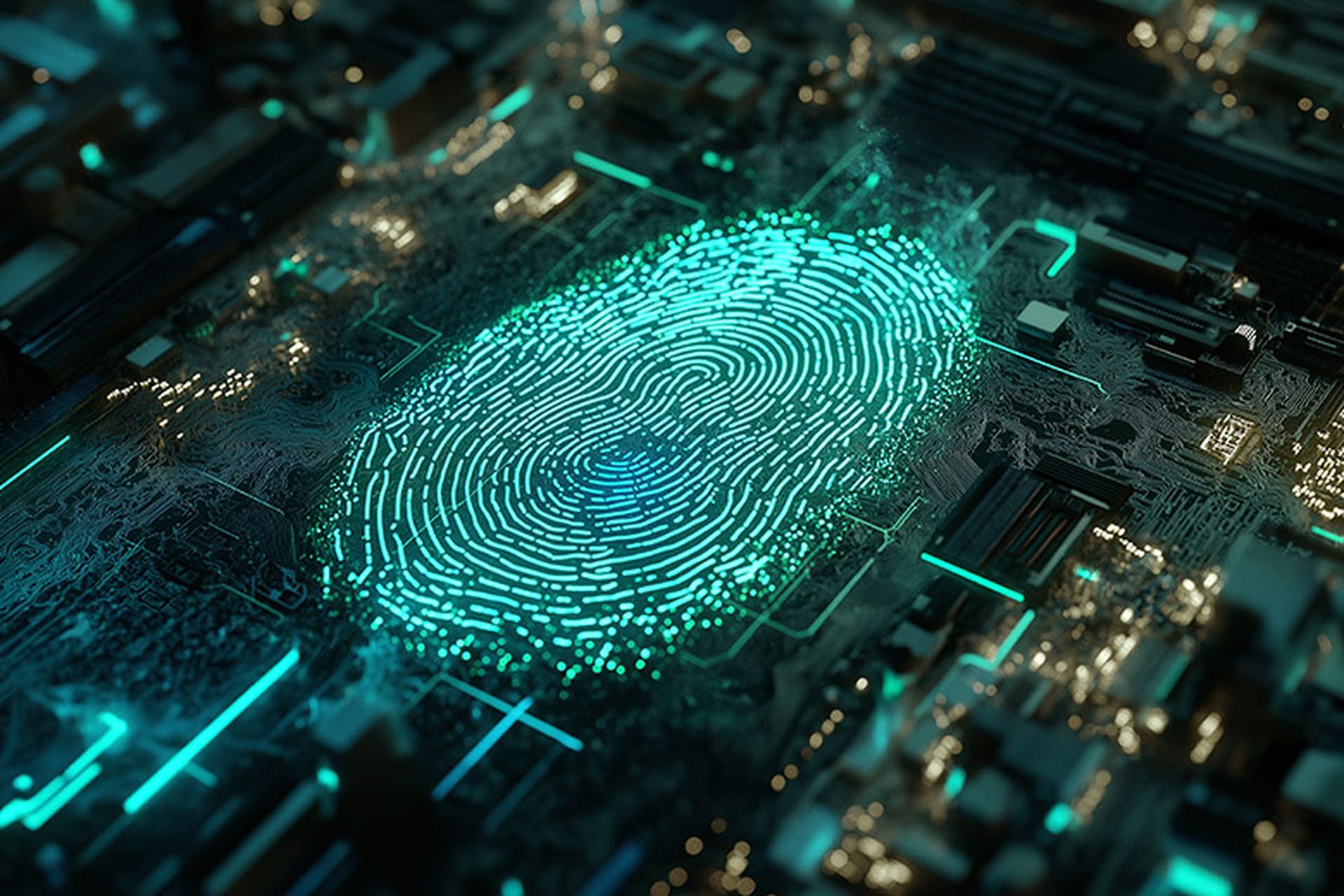 A vibrant teal fingerprint, rendered in luminous digital particles, is seamlessly integrated into a complex circuit board. This captivating image evokes themes of secure digital identity, biometric technology, and the intersection of human biology and advanced computing.