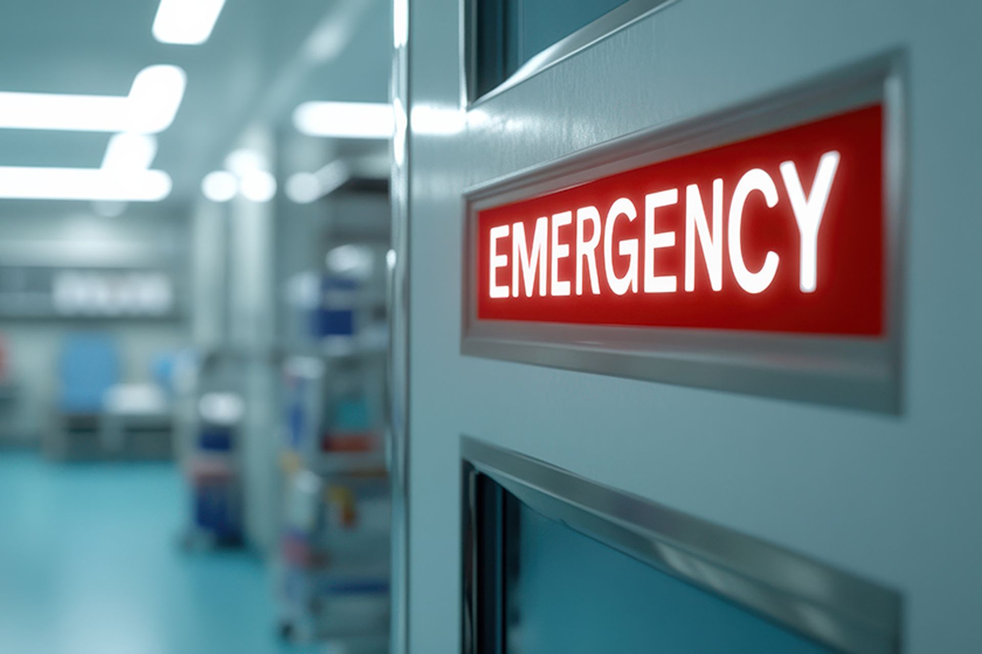 The image shows an illuminated "EMERGENCY" sign on a hospital door