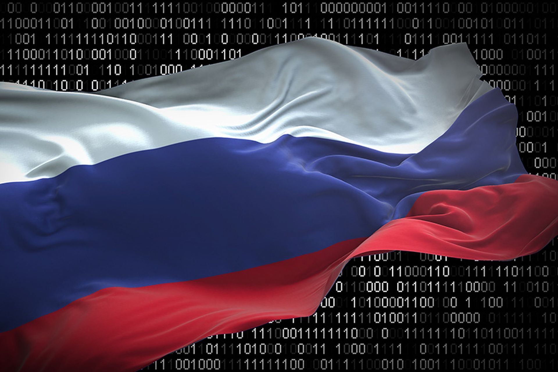 Binary code on flag of Russia. Program source code or Hacker concept on Russian flag. Russia digital technology security, hacking or programming